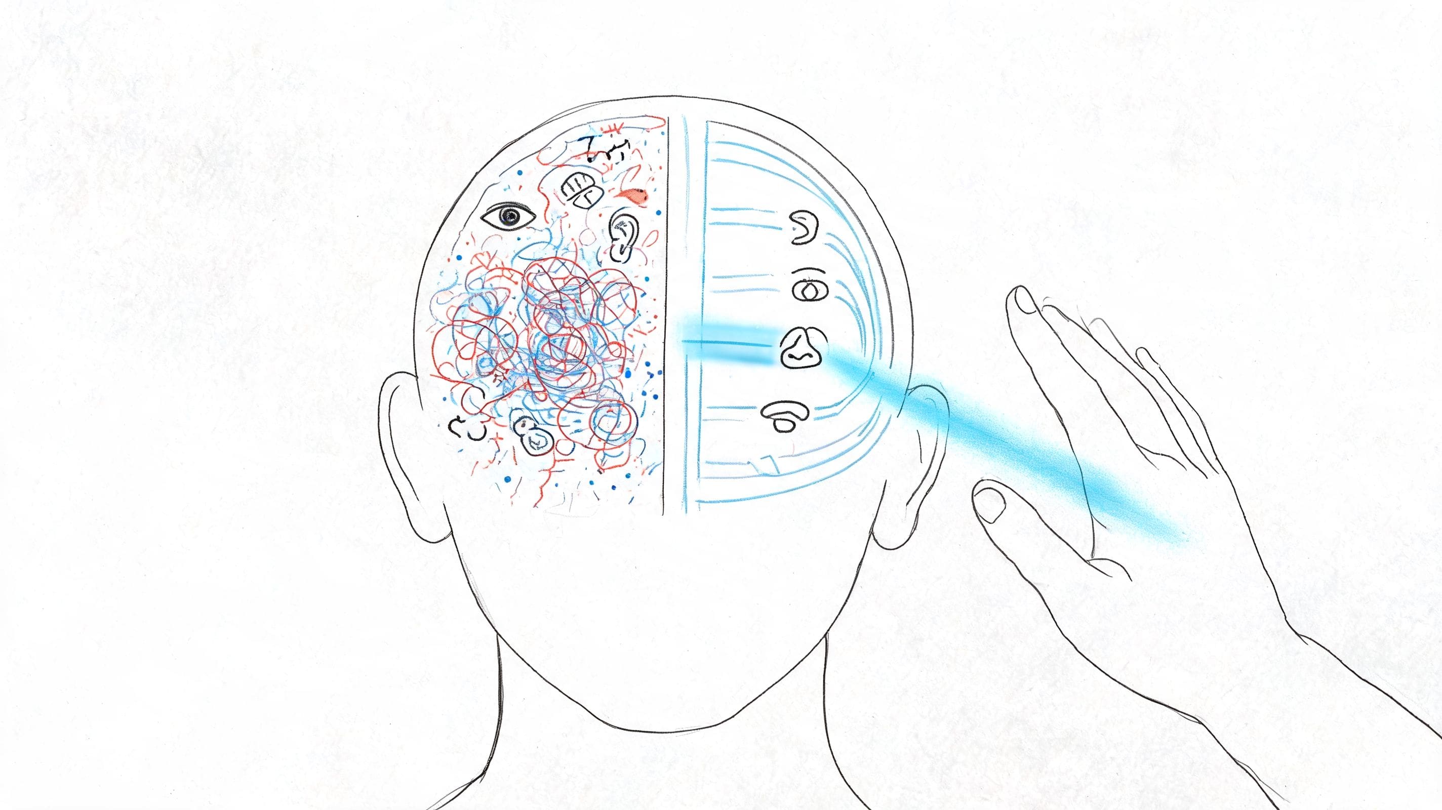 Line drawing of a calming hand gesture during body scan meditation to settle a busy anxious mind