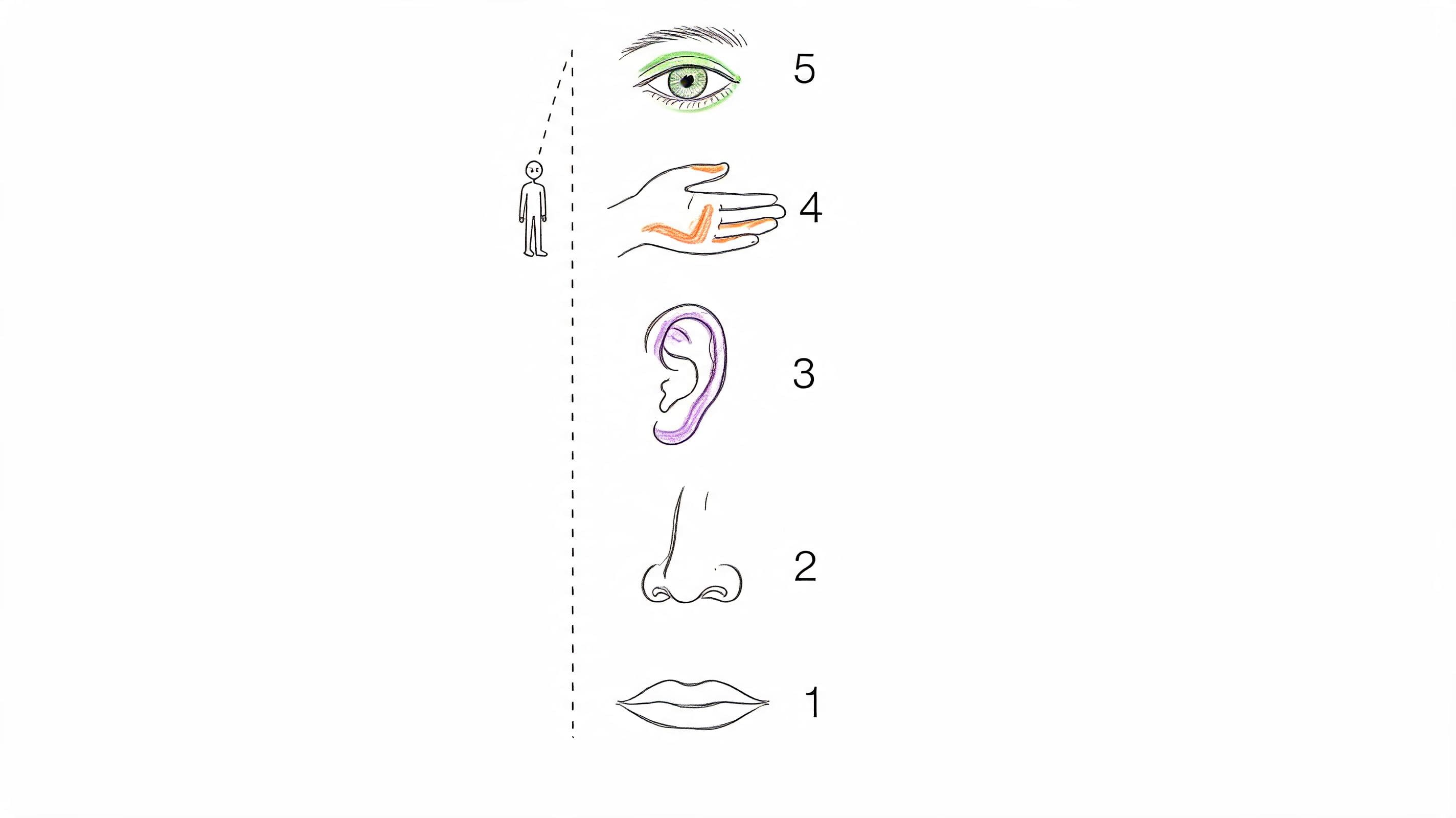 Hand-drawn illustration of the five senses for 5-4-3-2-1 grounding and sensory anxiety relief