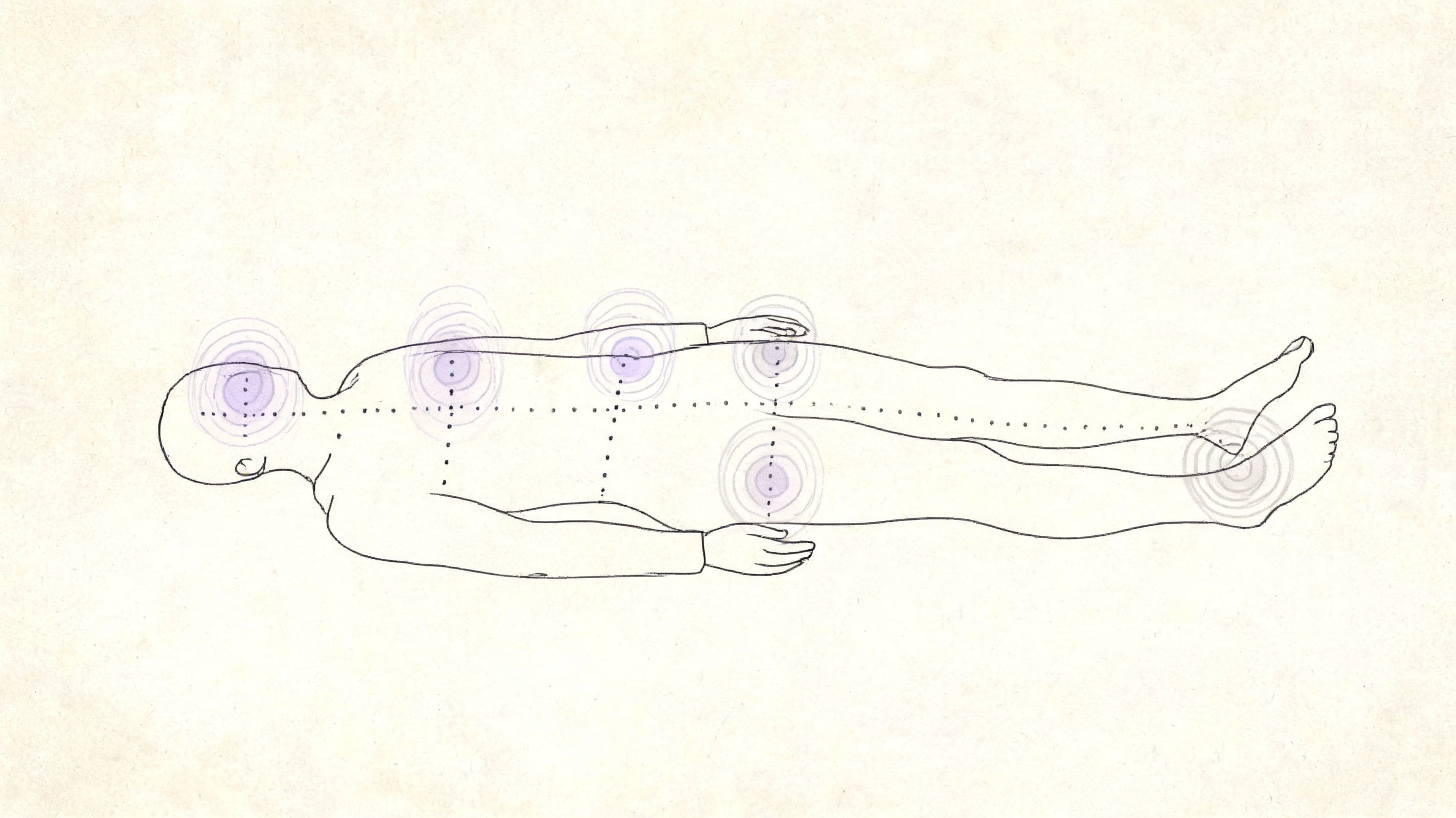 Person lying down with highlighted body zones for a short body scan meditation to ease anxiety
