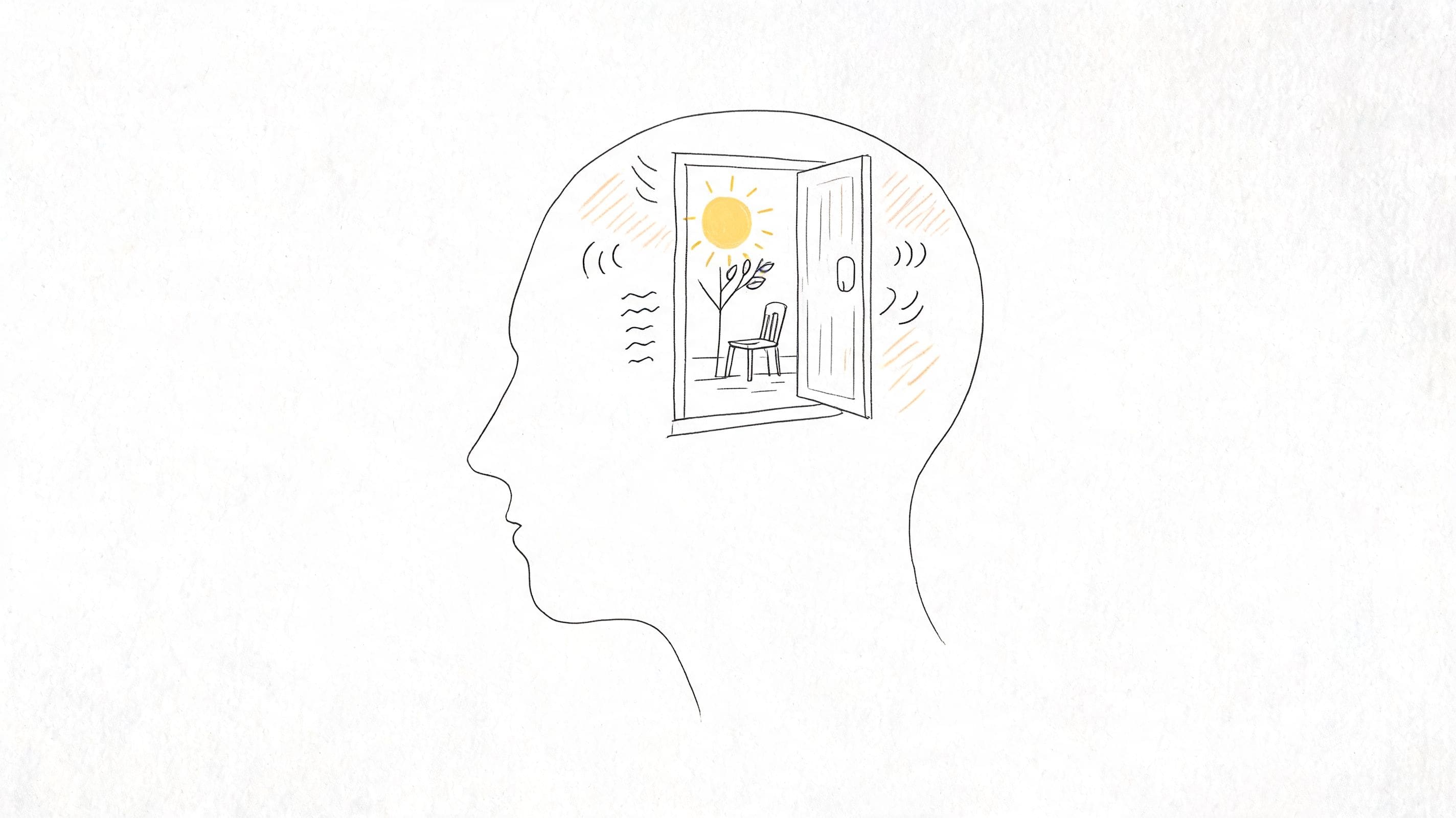 Line art of a human head with an open door to a calm sunny scene symbolizing cognitive reframing and mental peace