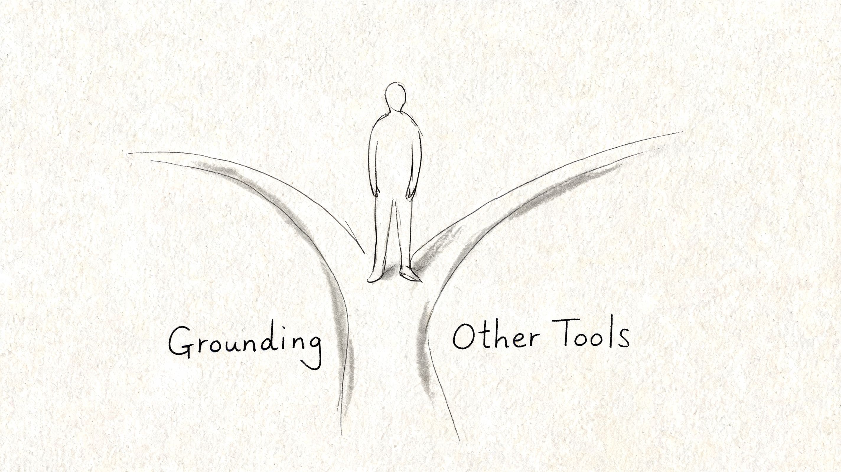 Sketch of a person at a fork in the road choosing between grounding exercises and support tools for neurodivergent overwhelm