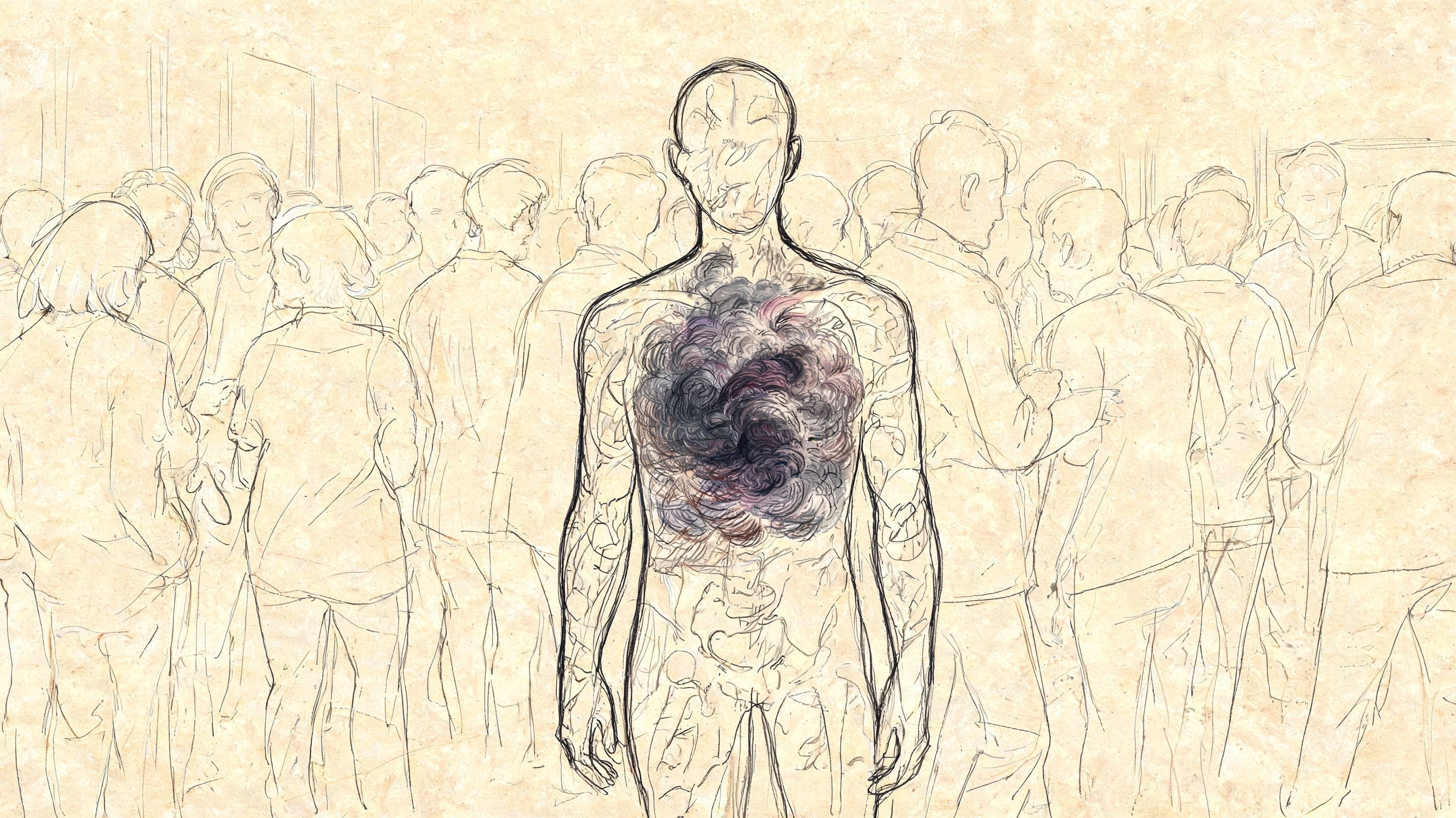 Line drawing of a person in a crowd with a dark turbulent cloud over their chest symbolizing social anxiety and overwhelm