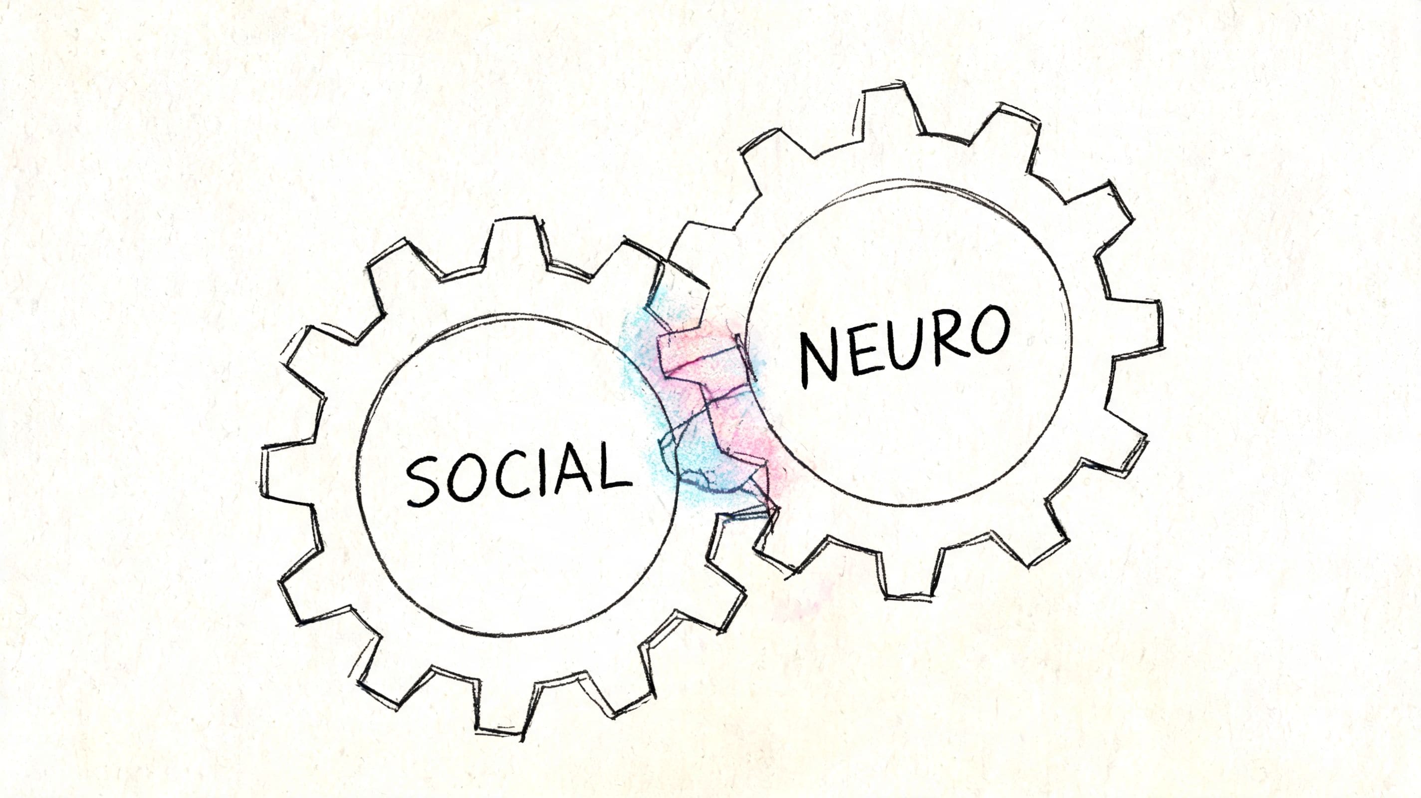 Hand-drawn sketch of interlocking gears labeled Social and Neuro representing social anxiety and neurodivergence