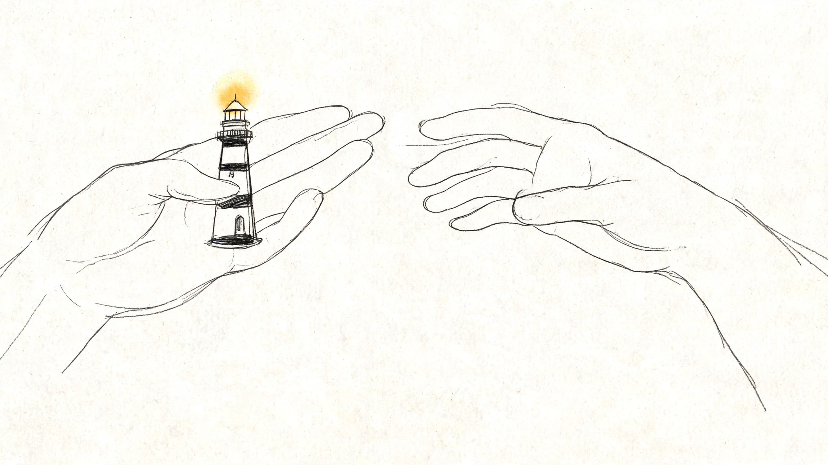 Minimal illustration of two hands reaching toward each other one holding a small glowing lighthouse as a symbol of guidance and support