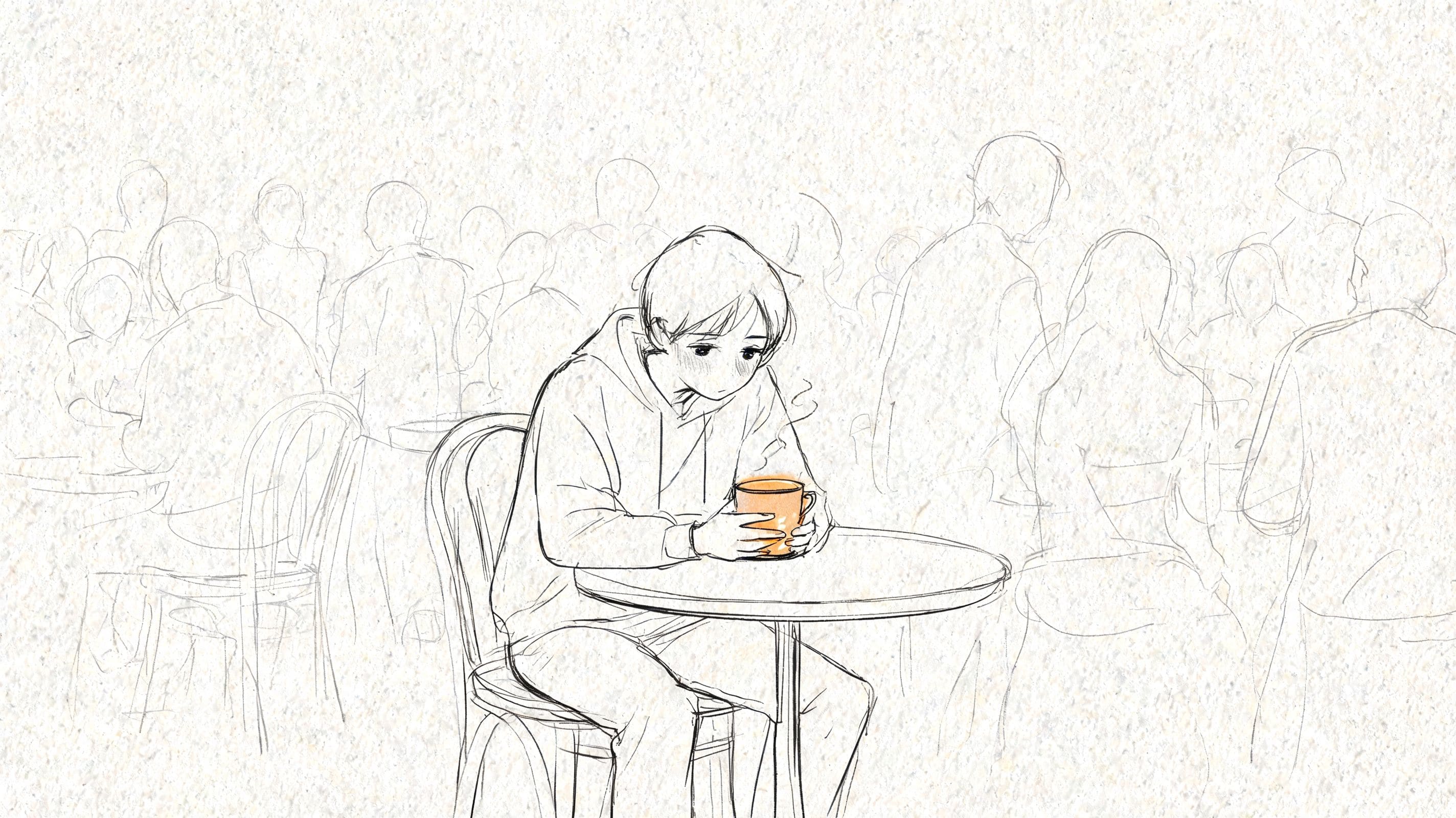 Person sitting alone with a warm drink in a busy cafe illustrating isolation and social anxiety in public