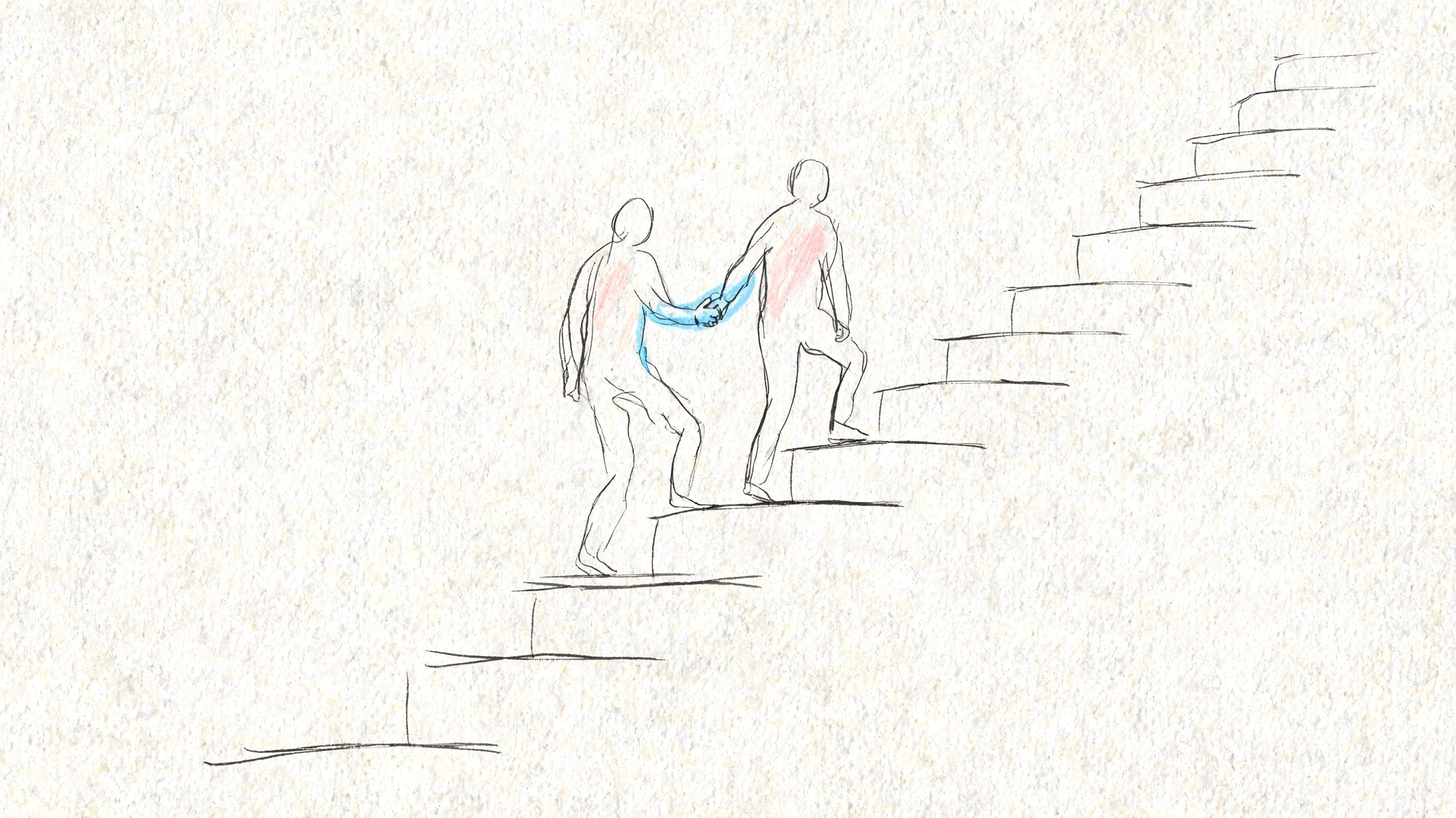 Simple sketch of one person supporting another climbing steps symbolizing gradual exposure to social situations