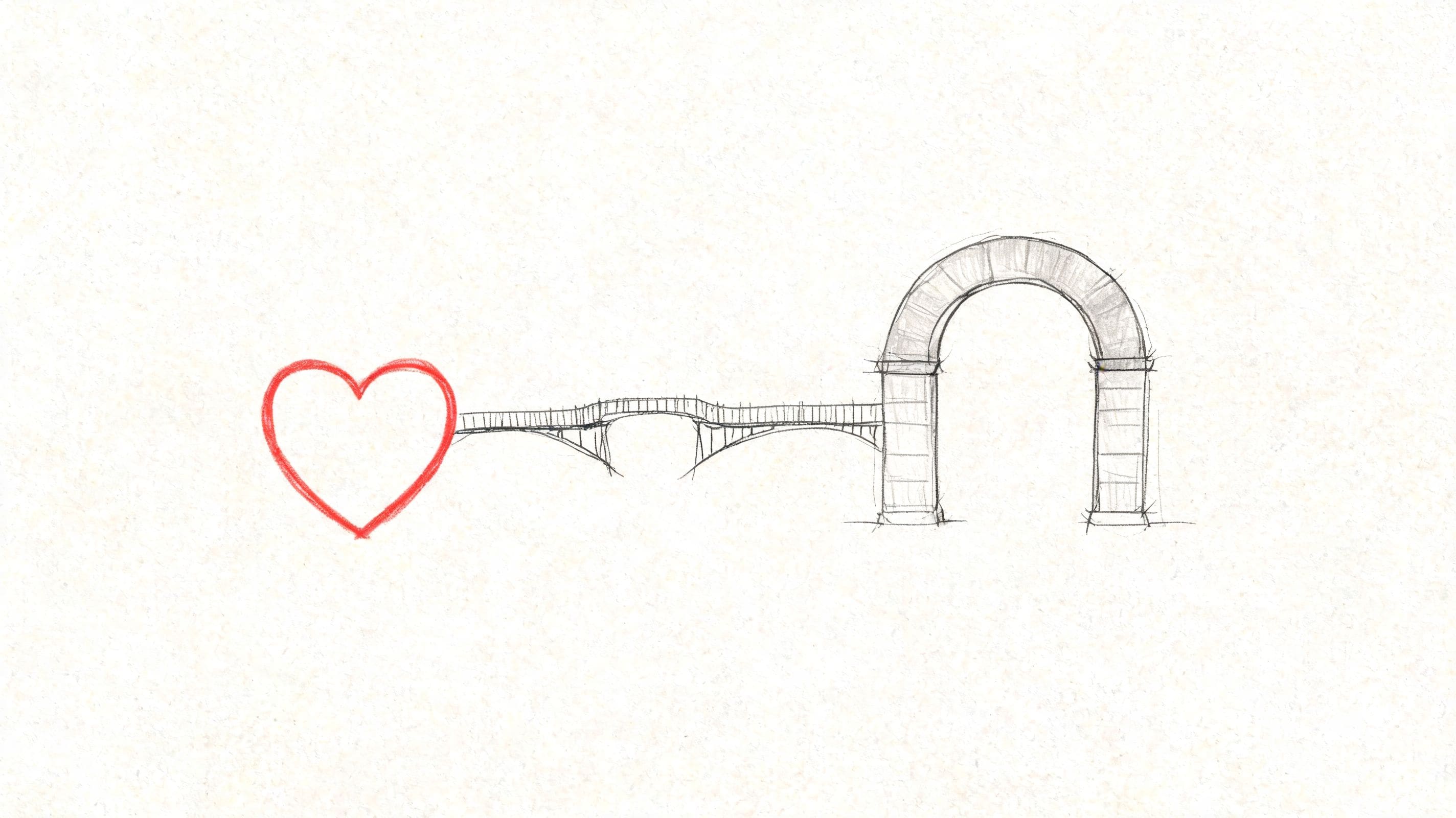 Pencil sketch of a bridge and gateway with a heart symbol representing reaching professional mental health support