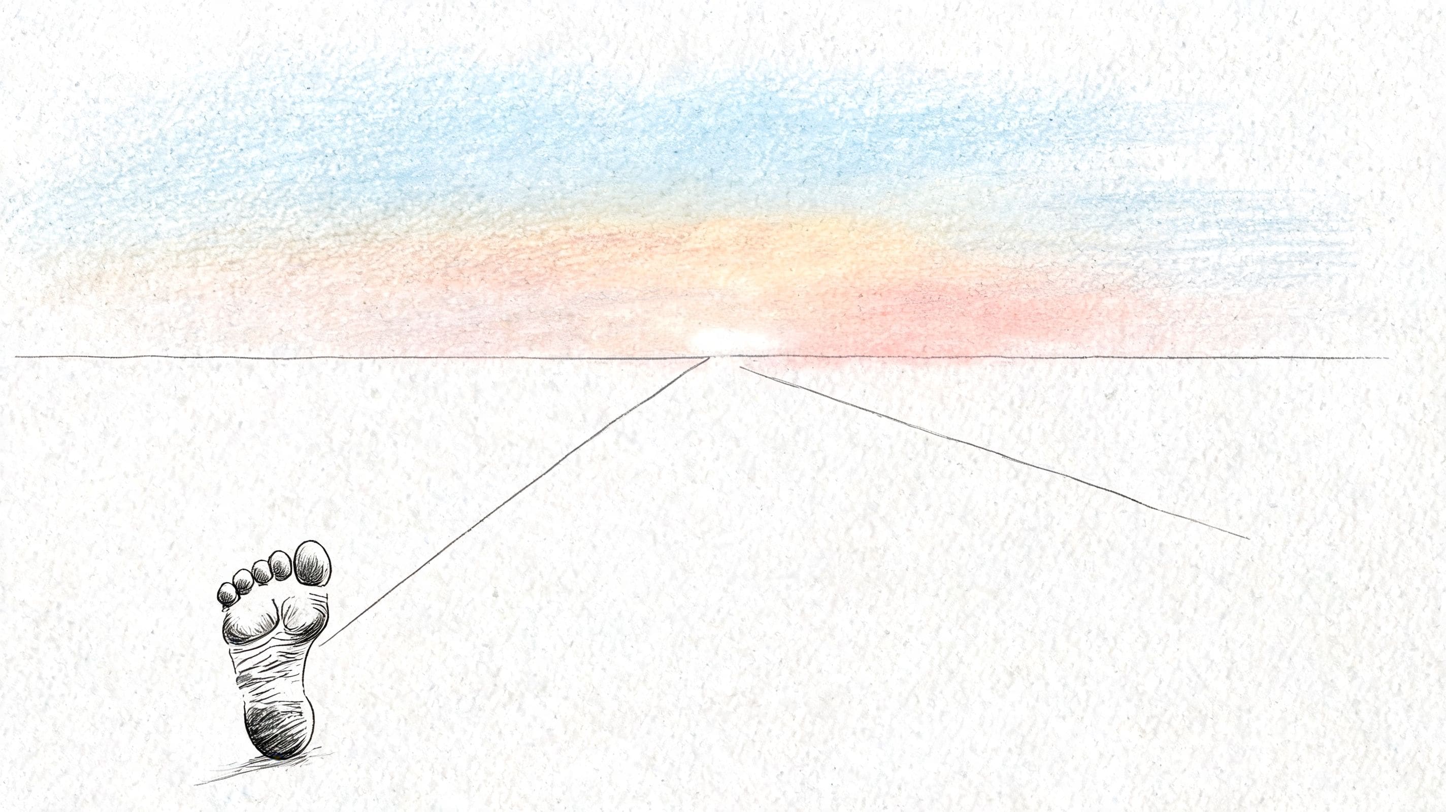 Pencil sketch of a single footprint on open ground at sunset symbolizing a first step toward social anxiety help