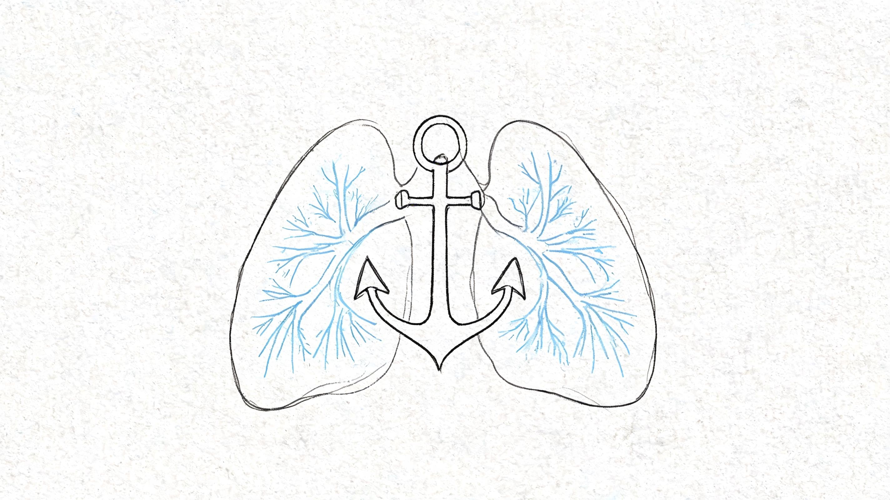 Concept illustration of human lungs with an anchor suggesting steady breath and grounding for social anxiety