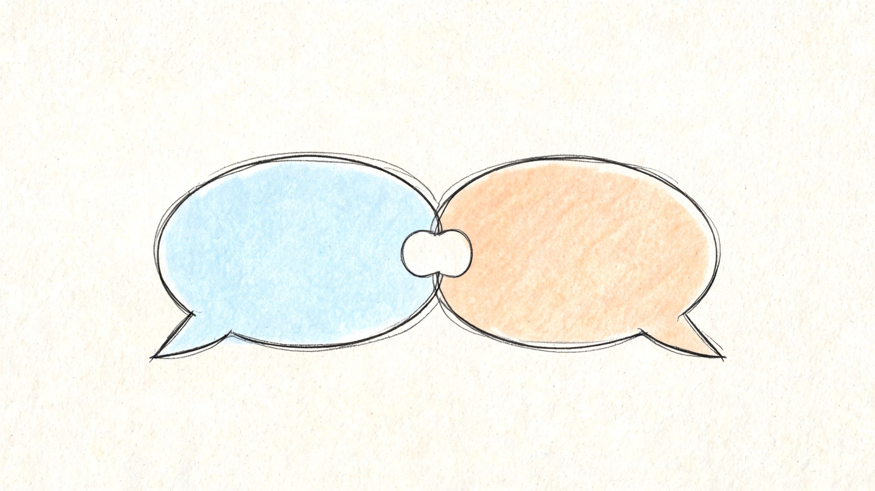 Two connected speech bubbles in blue and orange on a textured background representing conversation scripts for social anxiety