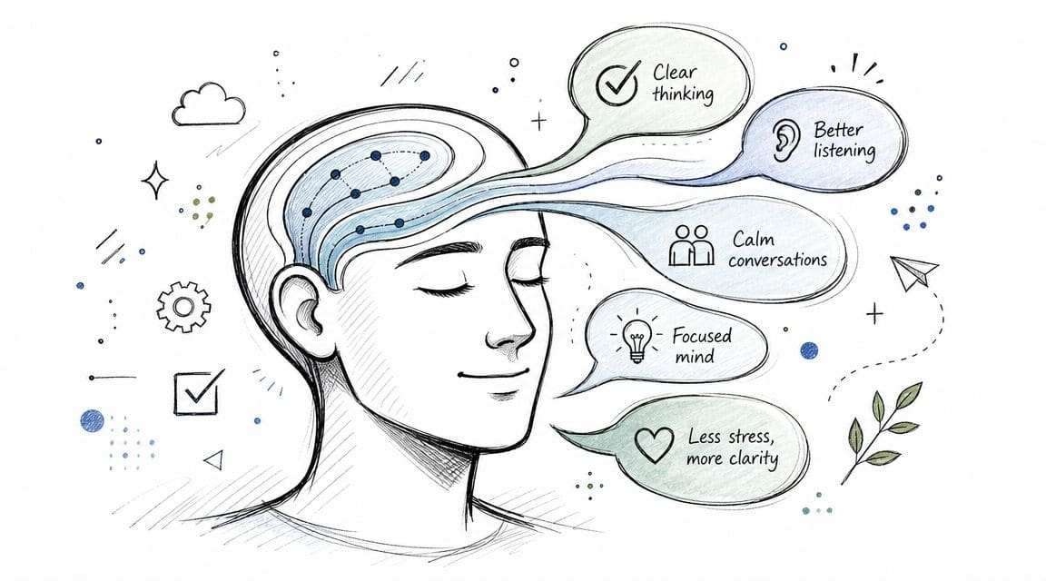 Line drawing of a calm person with speech bubbles symbolizing mental clarity and mindful communication with social scripts