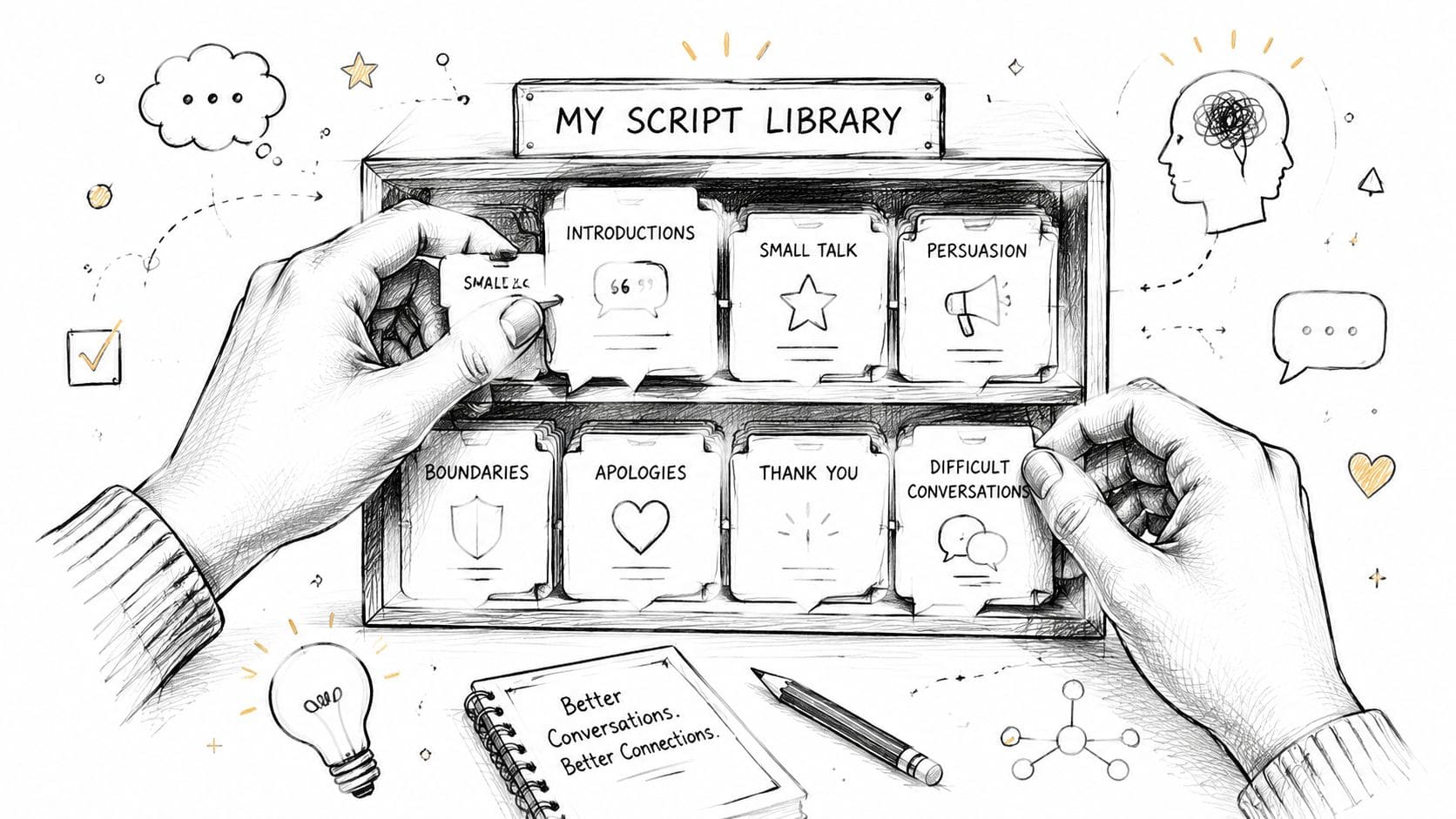 Two hands organizing index cards labeled with communication topics like boundaries apologies and conversations for a personal script library