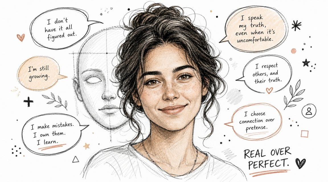 Hand-drawn portrait of a woman with positive affirmations in speech bubbles around her celebrating authentic communication over masking
