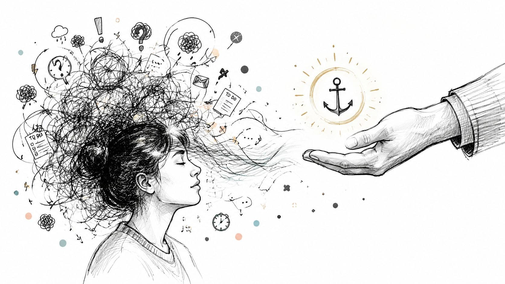 Illustration of a hand offering an anchor to a person surrounded by tangled lines representing overwhelm and stressful thoughts