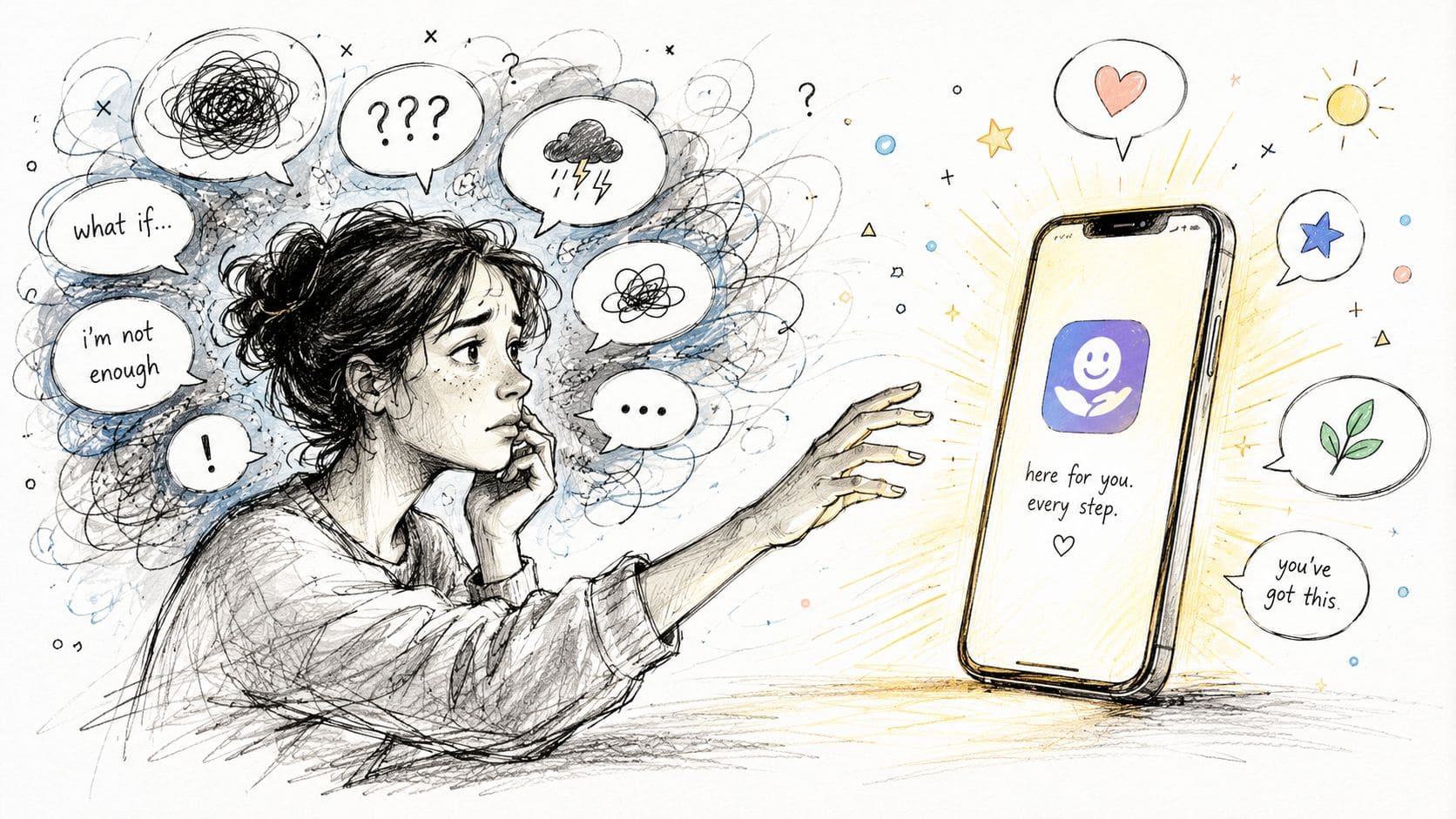 iPhone on a desk showing a conversation support app with scripts and tone options for neurodivergent communication help