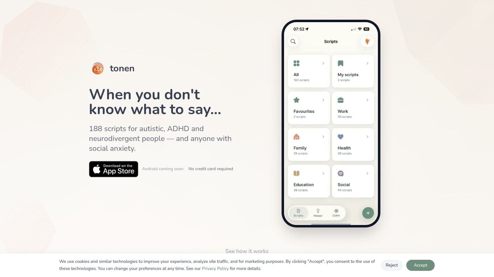 Illustration of script library cards with tone labels for work family and social conversation scenarios on iPhone