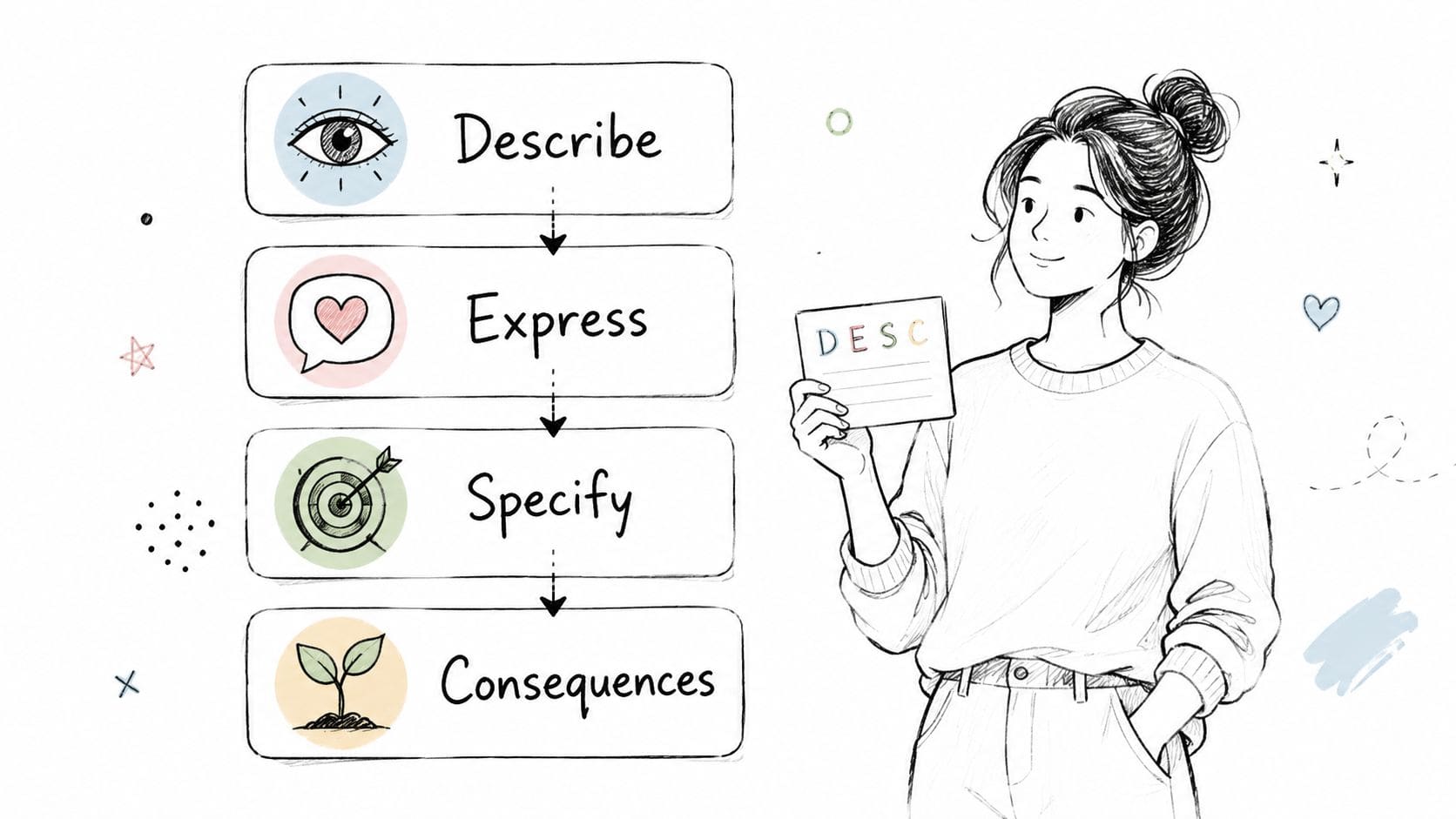 Woman holding a card showing the four DESC steps Describe Express Specify Consequences for workplace conflict resolution