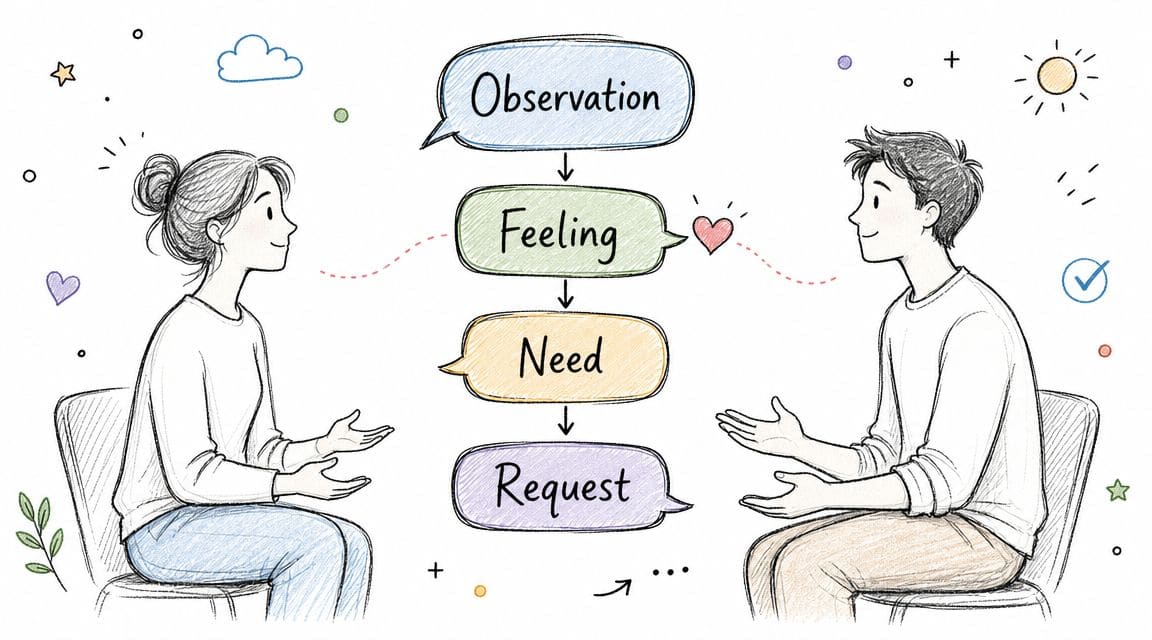 Hand-drawn illustration of a couple using Nonviolent Communication steps observation feeling need and request during conflict