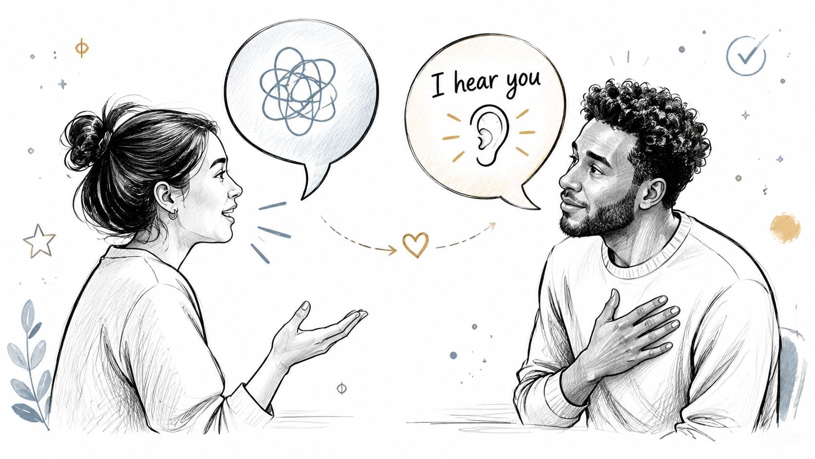 Sketch of a woman with tangled thoughts speaking while a man listens with empathy during a difficult conversation