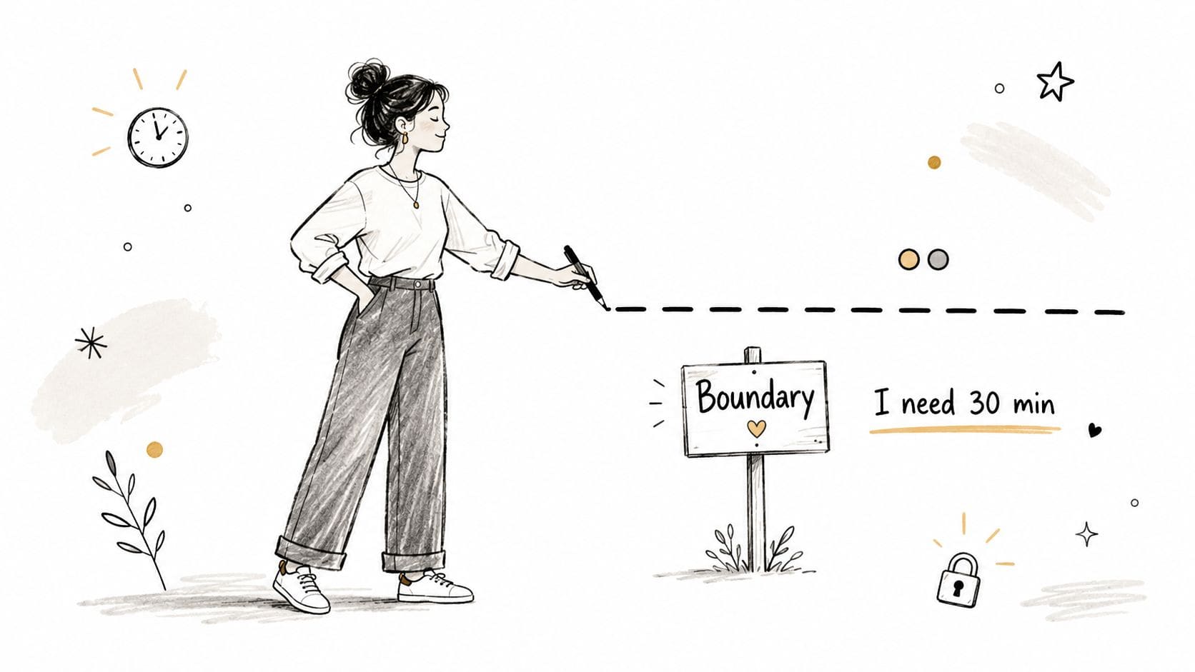Hand-drawn woman drawing a boundary line with a sign reading I need 30 minutes for conflict de-escalation