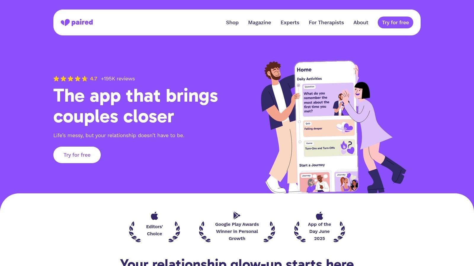 Paired couples relationship app showing daily questions quizzes and therapist-backed prompts on iPhone