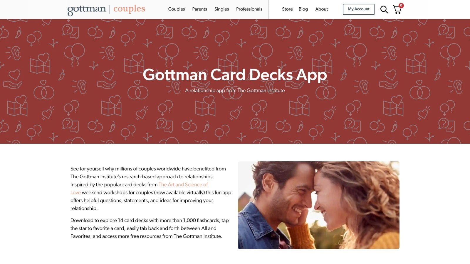 Gottman Card Decks app from The Gottman Institute showing conversation prompt cards for couples