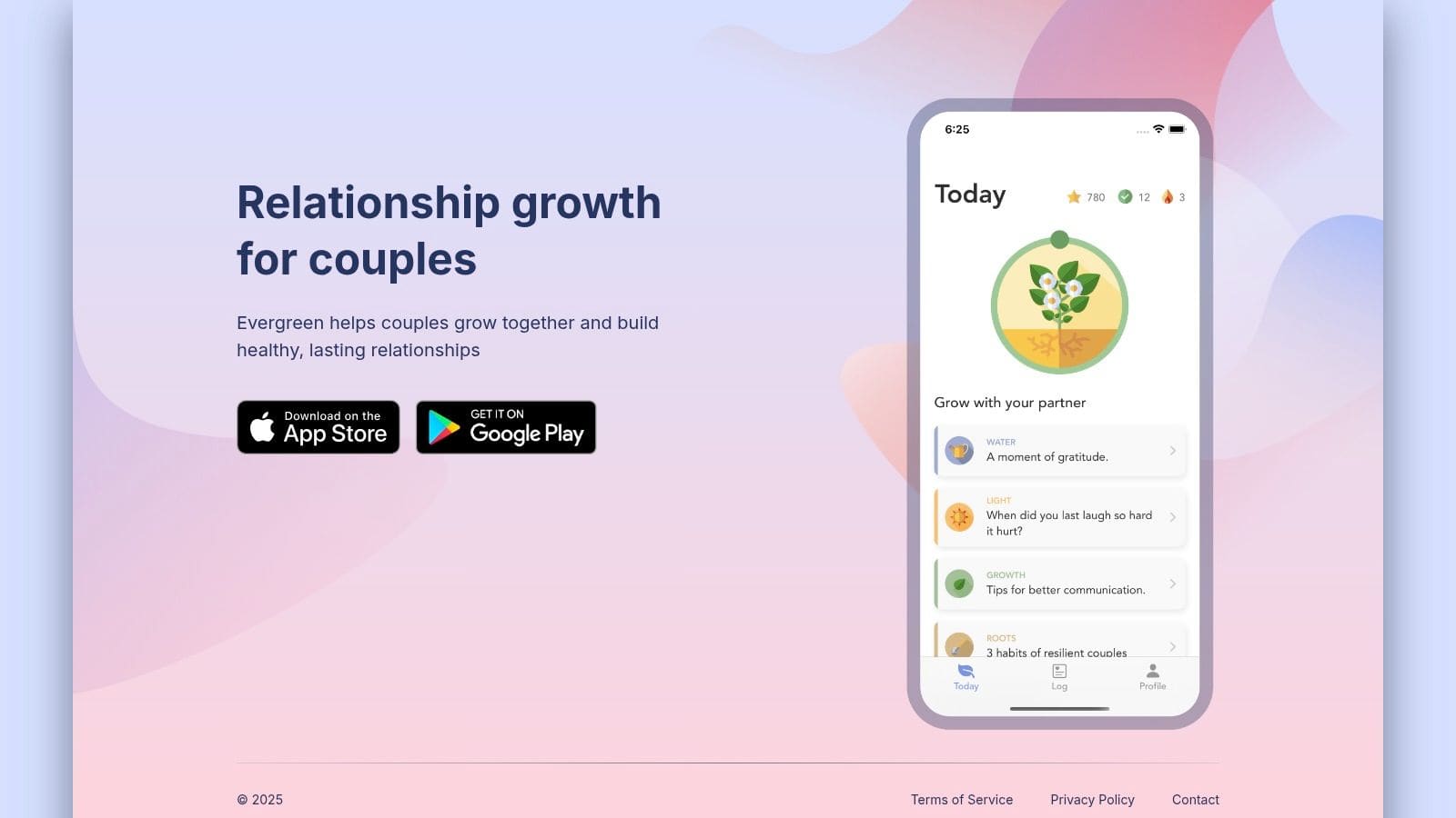 Evergreen relationship growth app showing daily questions games and streak-based couple check-ins