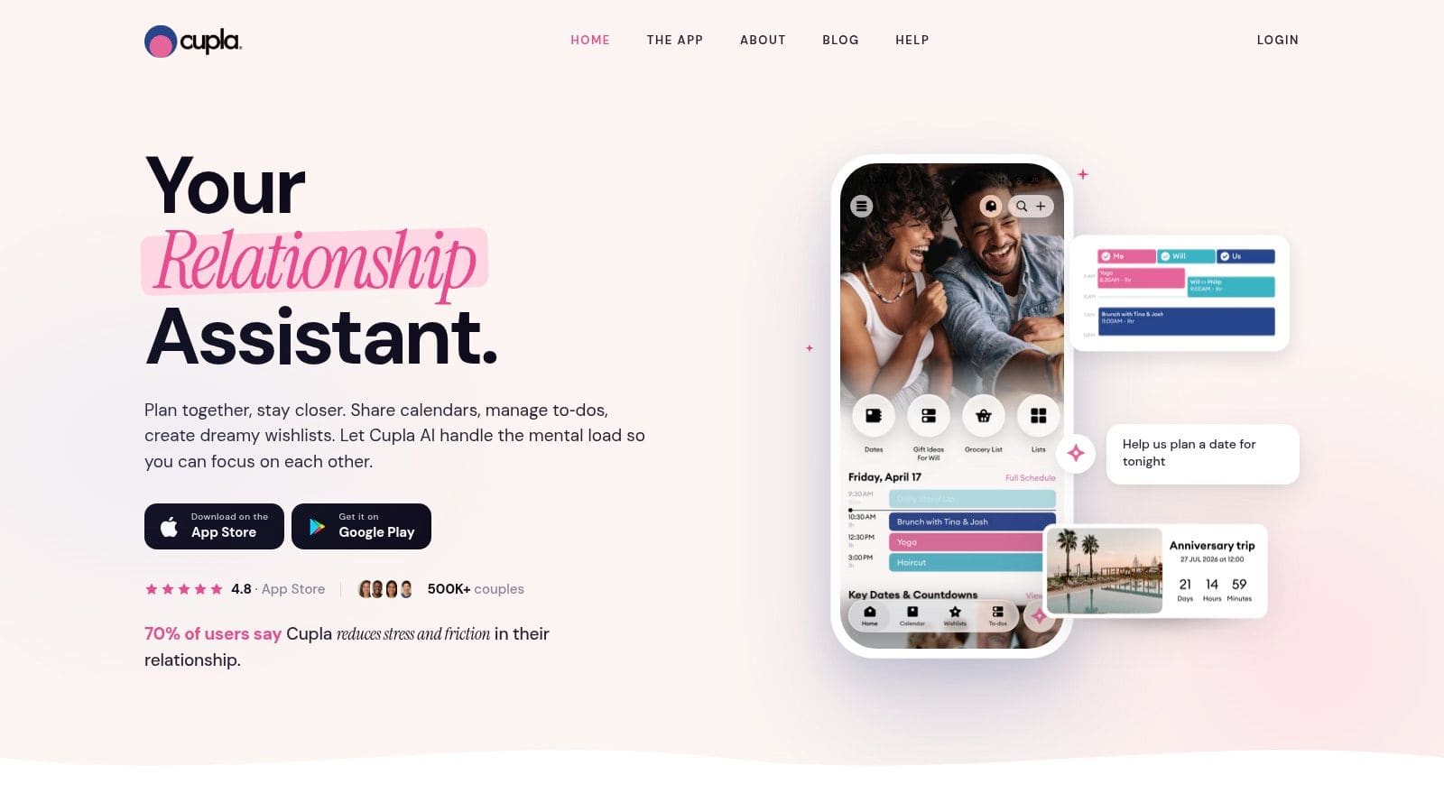 Cupla shared couples calendar app showing side-by-side scheduling and event planning for partners