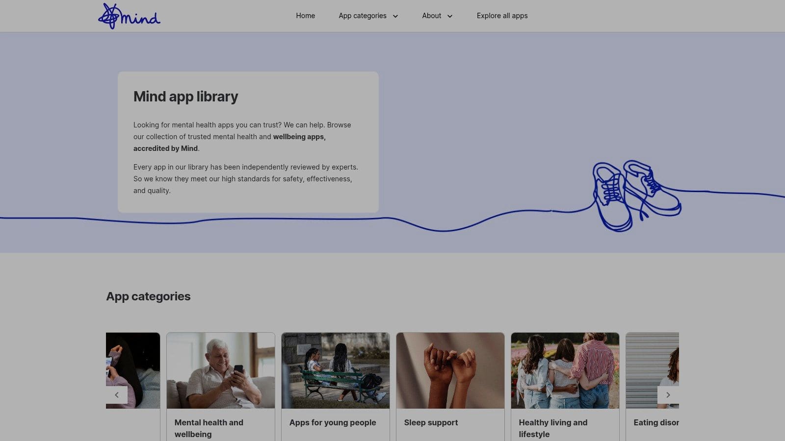 Mind App Library web interface showing clinically reviewed mental health app directory with filters and safety ratings