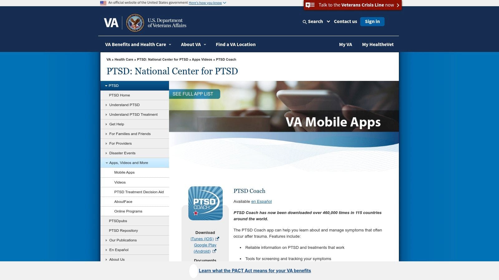 PTSD Coach app showing grounding exercises, symptom tracking, and coping tools for trauma management