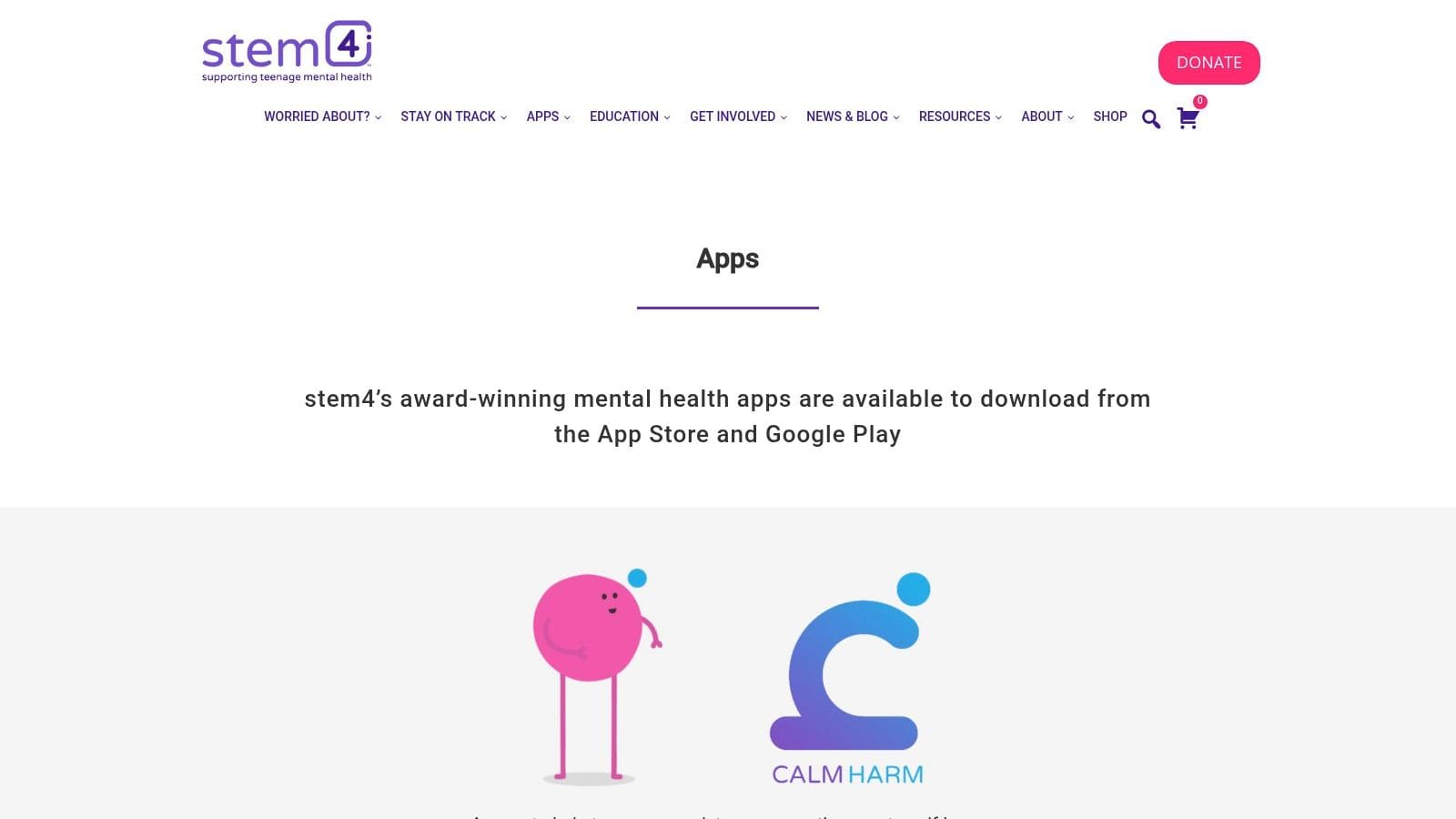 stem4 charity apps including Calm Harm, Clear Fear, and Move Mood displayed on smartphones for youth mental health support