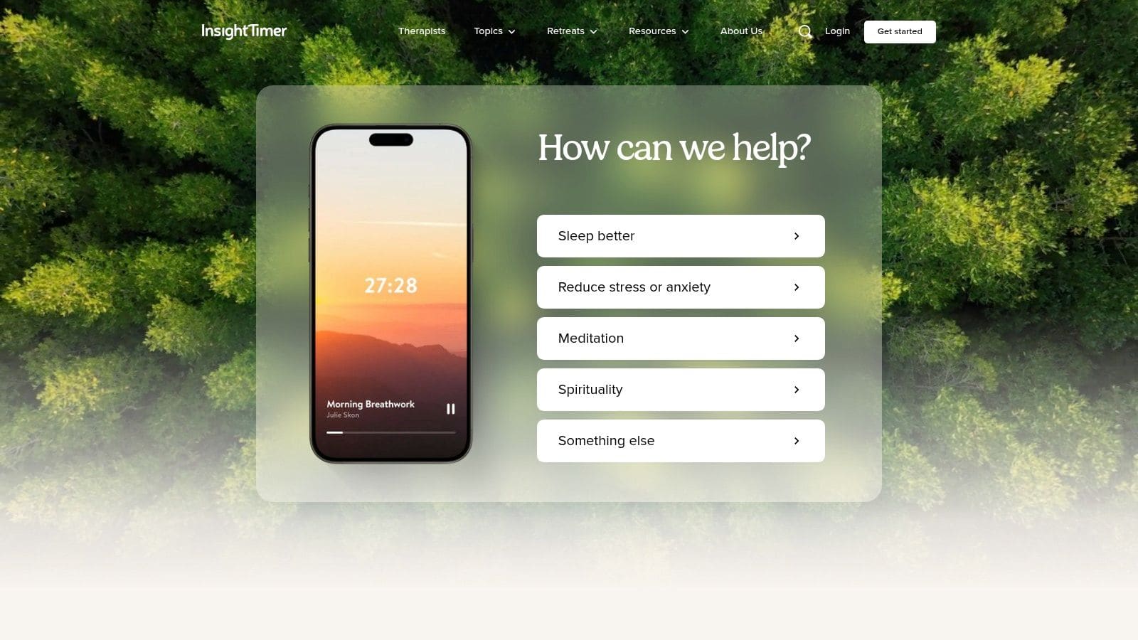 Insight Timer app library showing thousands of free guided meditations, mindfulness tracks, and sleep stories