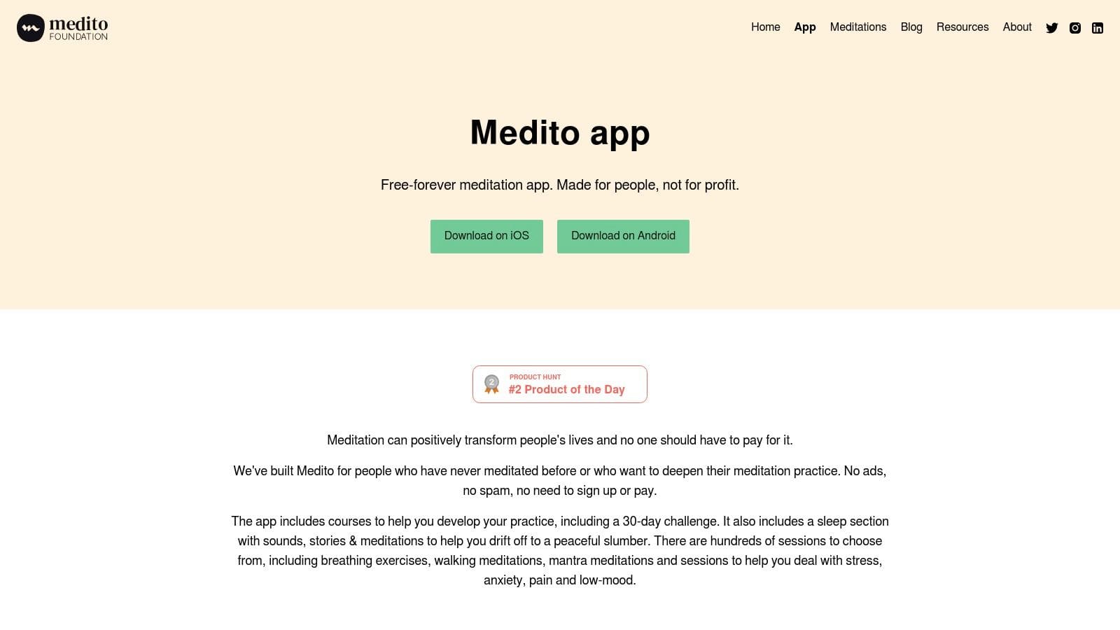 Medito Foundation app interface showing structured meditation courses and mindfulness exercises with clean, ad-free design