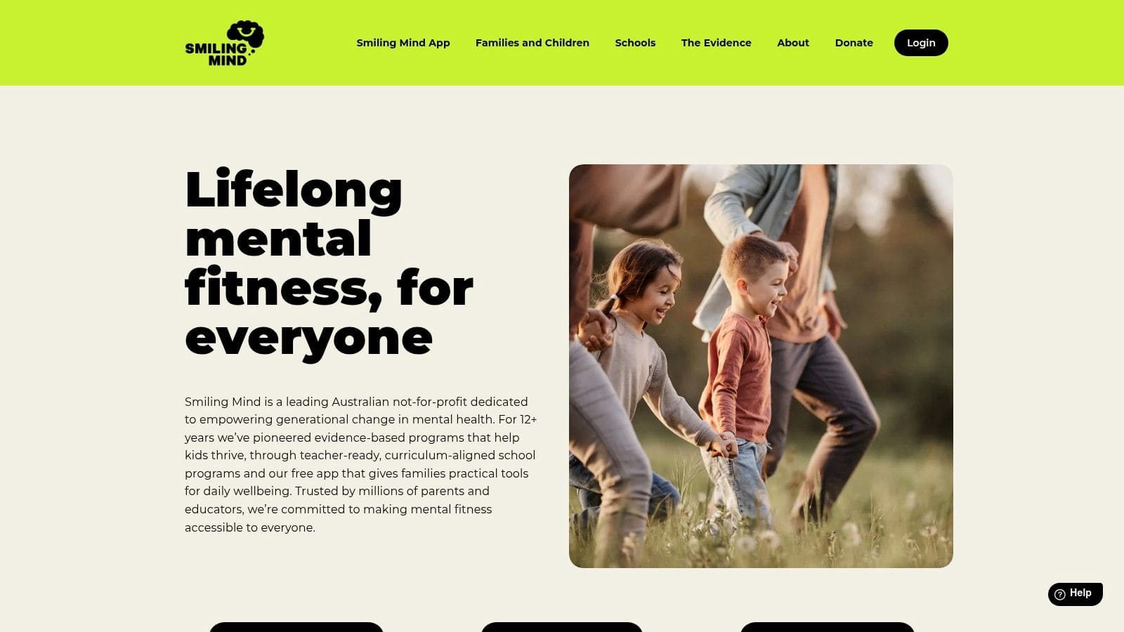 Smiling Mind app showing age-based mindfulness programmes and mood check-in features for all ages