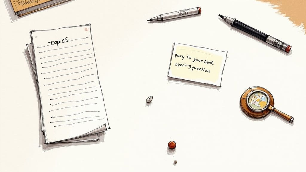 Person sitting on sofa with notepad and pen preparing and planning for social interaction with calm focused expression