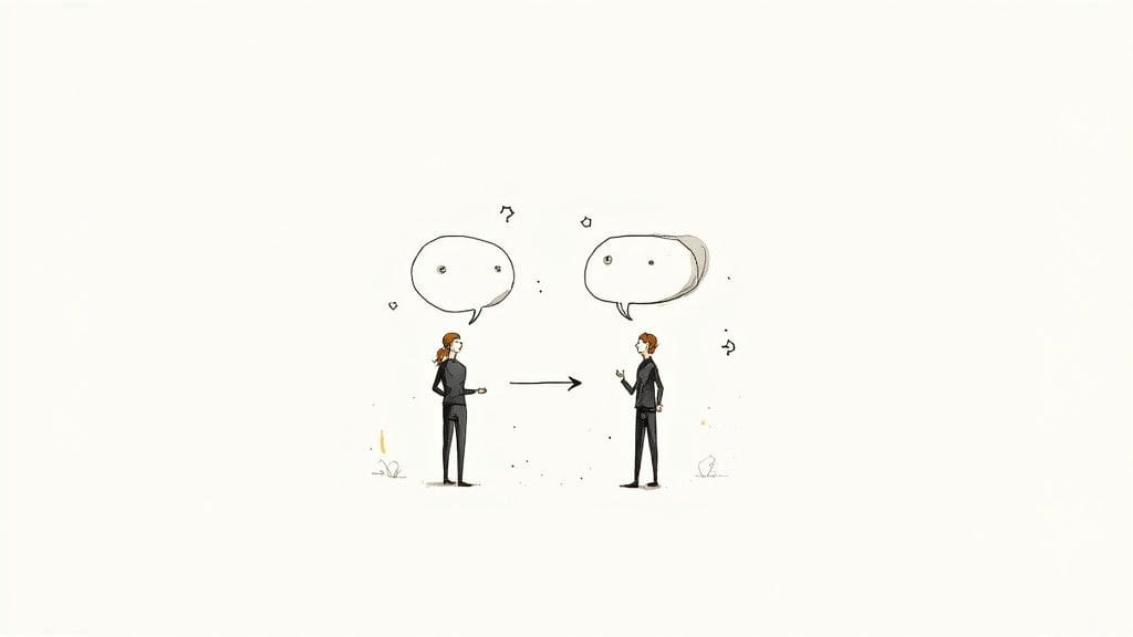 Two people sitting across from each other at table engaged in focused calm conversation with attentive body language