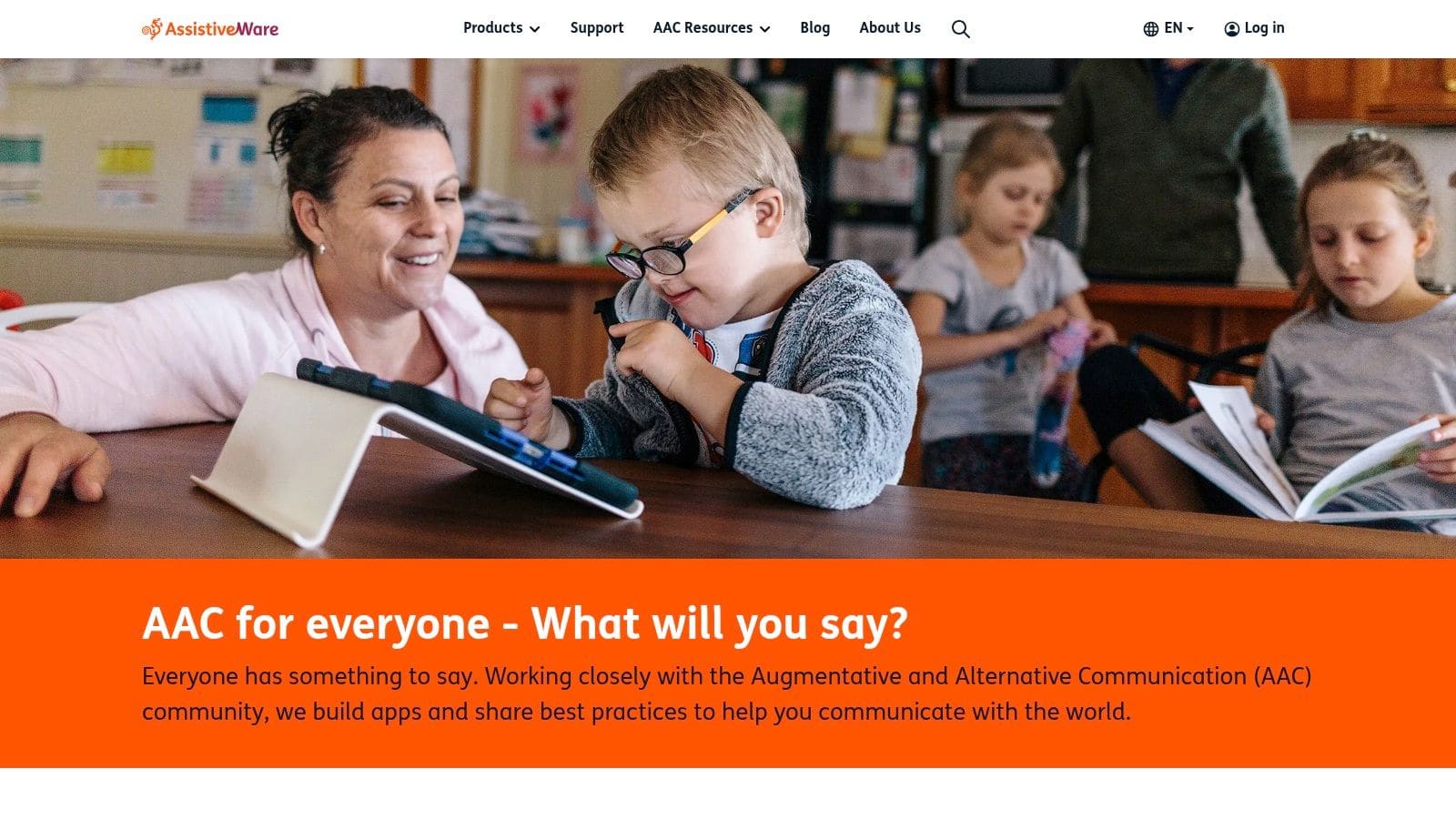 AssistiveWare website showing Proloquo2Go AAC app with symbol-based communication interface and training resources