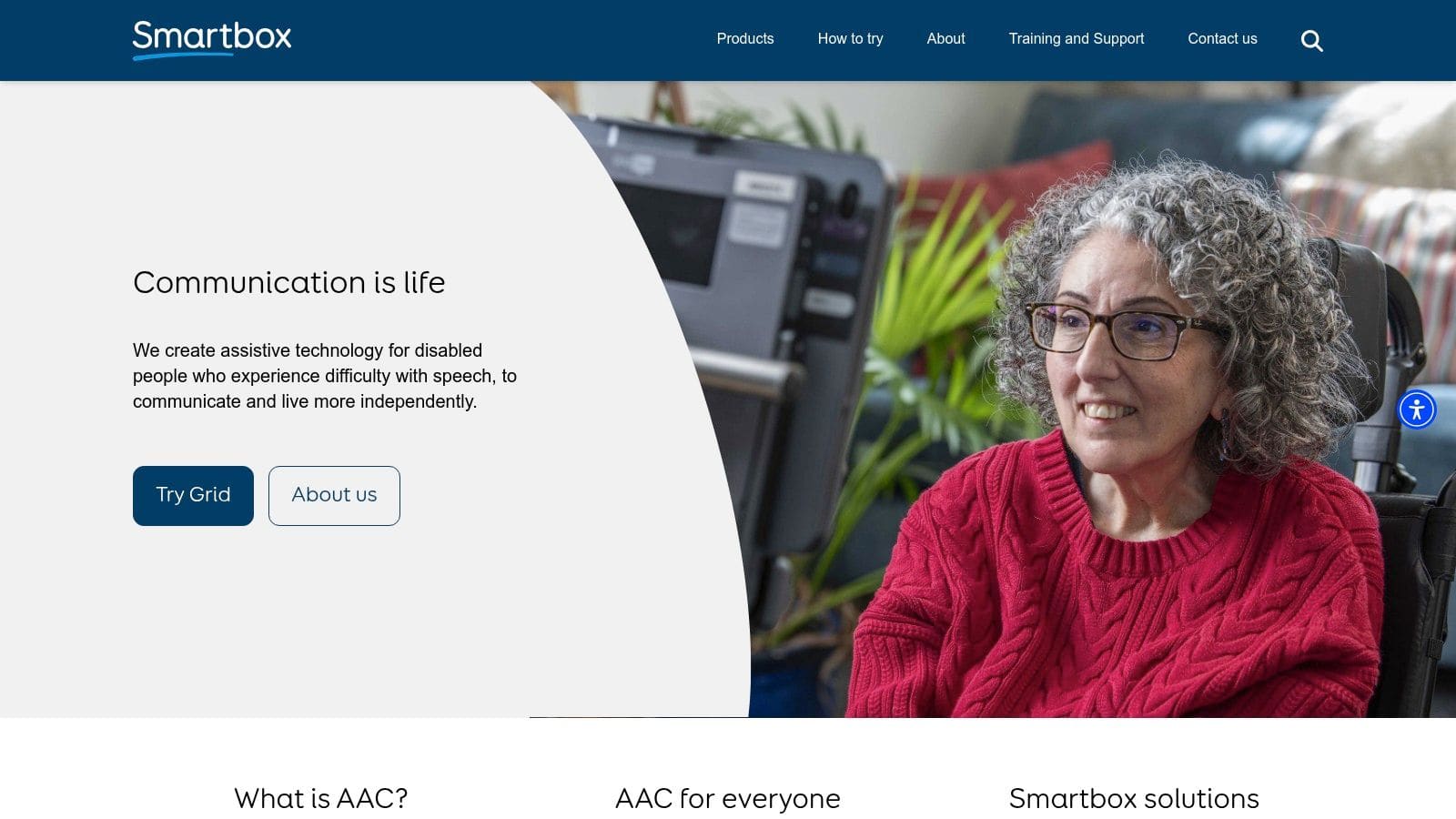 Smartbox Grid AAC software interface showing customisable symbol grids and text-to-speech communication options
