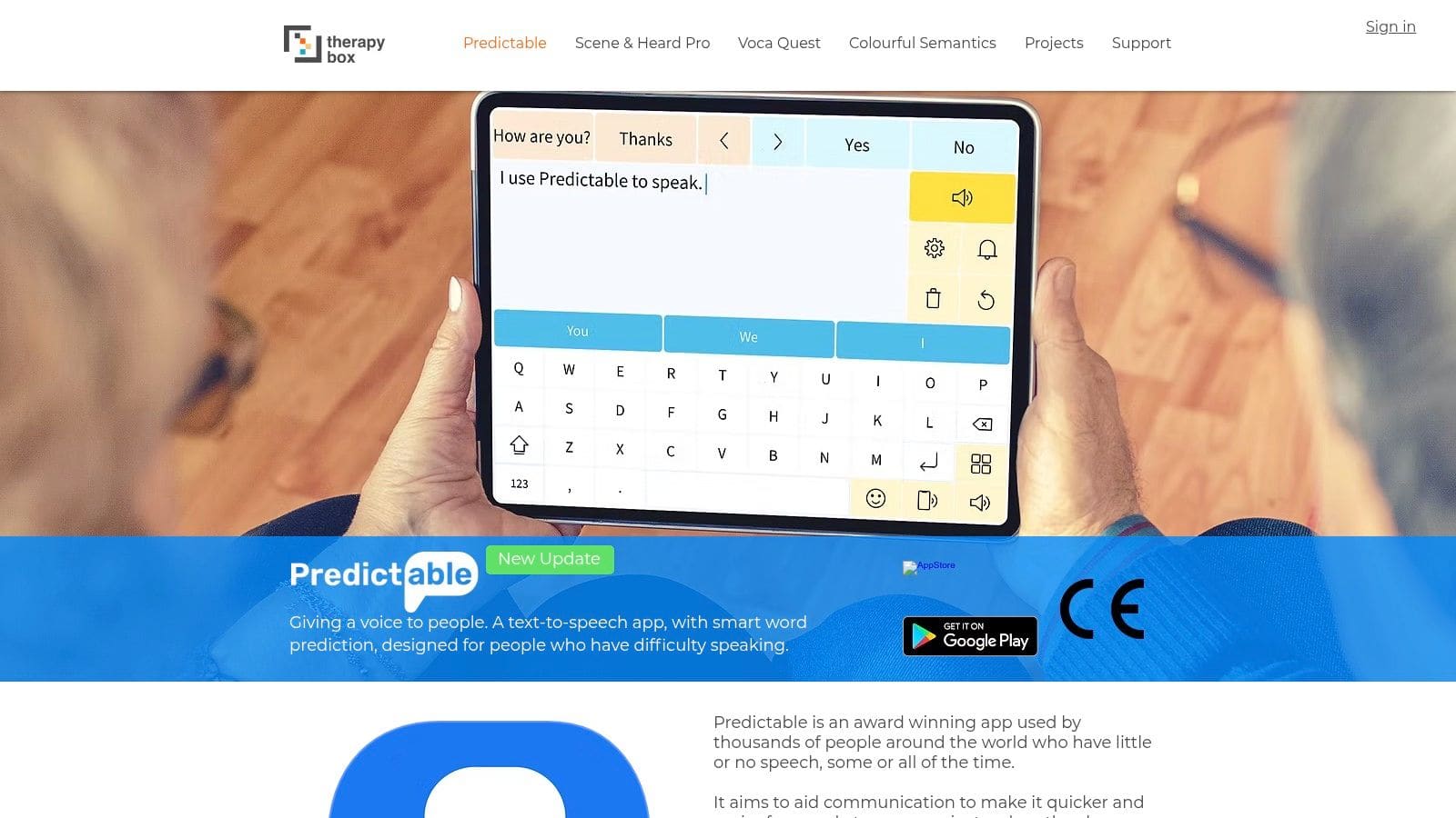 Therapy Box Predictable app showing text-to-speech interface with word prediction and customisation features for literate AAC users
