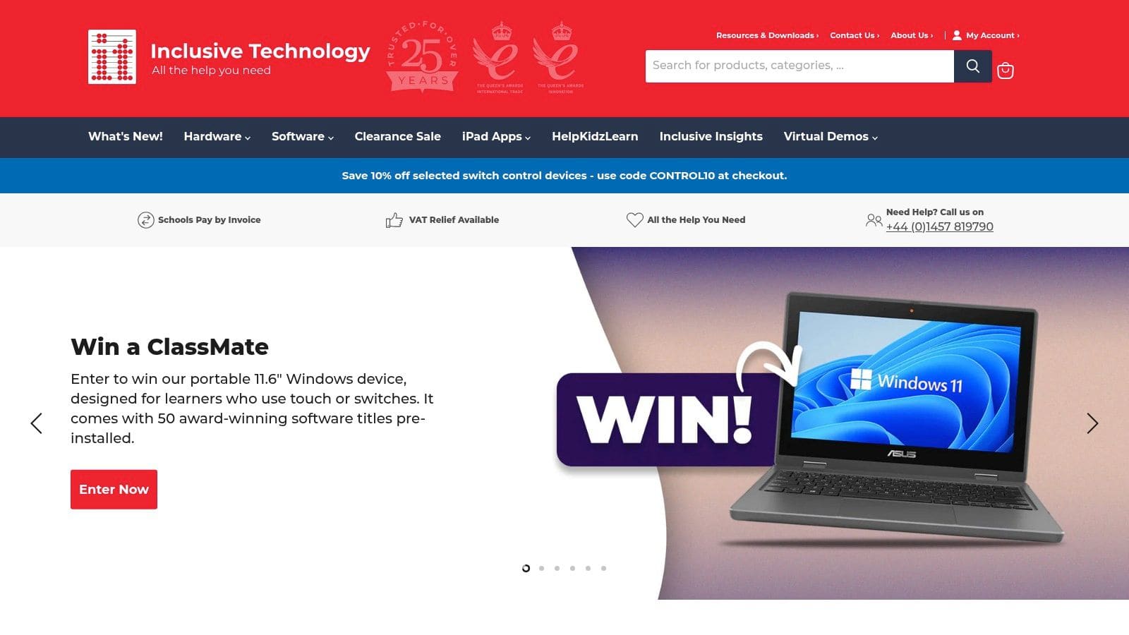 Inclusive Technology website showing assistive technology catalogue with AAC software hardware bundles and VAT relief options