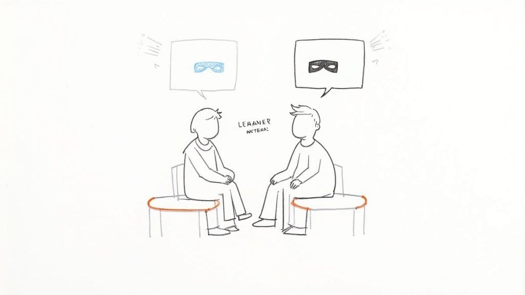 Two teens sitting on chairs practicing conversation skills through role-play exercise with thought bubbles showing active communication and empathy building