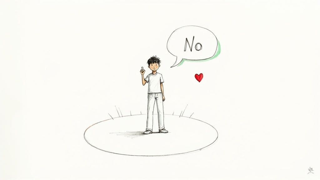 Cartoon illustration of teen learning assertiveness and boundary setting with speech bubble saying no and heart symbol showing self-respect