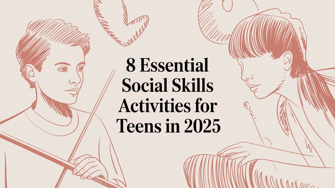 Teens participating in group social skills activities including role-play conversation practice and collaborative team building exercises