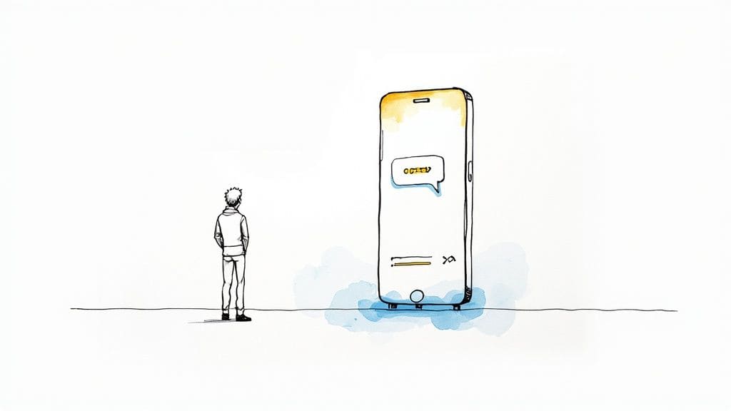 Person standing before giant smartphone displaying messaging app interface with mental health communication and support features