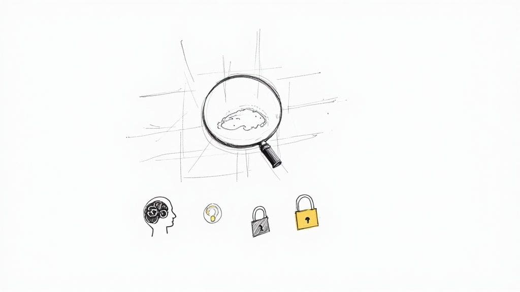 Magnifying glass examining brain with analysis icons including lightbulb for insight and padlock for privacy and security in mental health apps