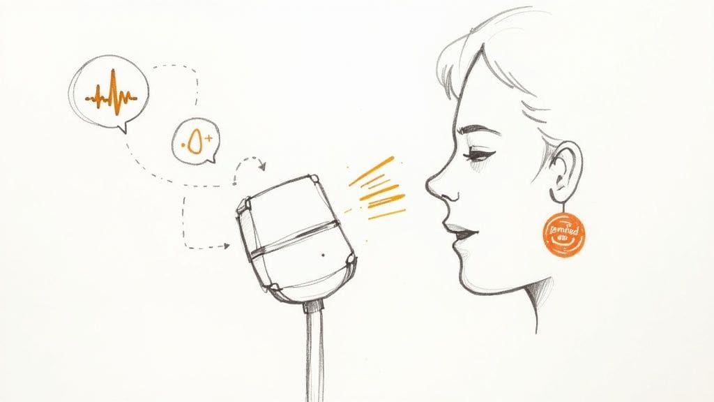 Person speaking into microphone with biometric voice analysis feedback showing breathing patterns and tone indicators for communication practice