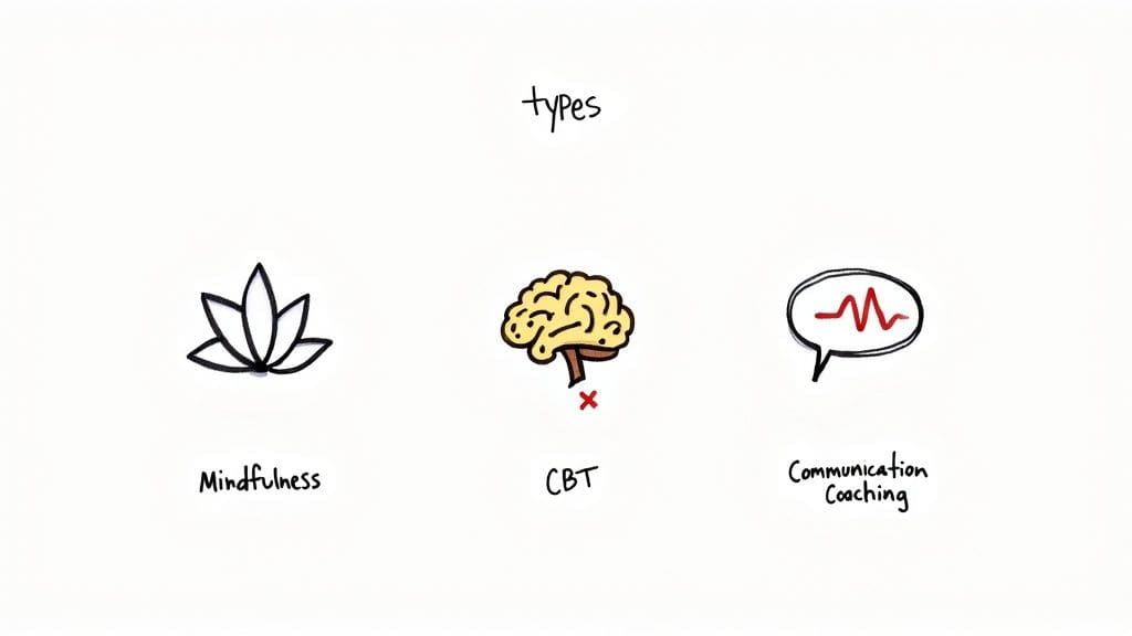 Three anxiety therapy approaches illustrated: mindfulness meditation with lotus flower, cognitive behavioral therapy with brain, and communication coaching with speech bubble