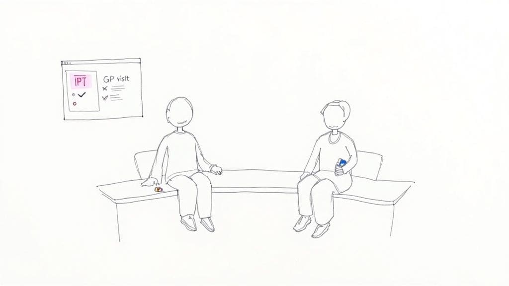 Two patients sitting in NHS medical waiting room before GP appointment for social anxiety assessment and mental health treatment