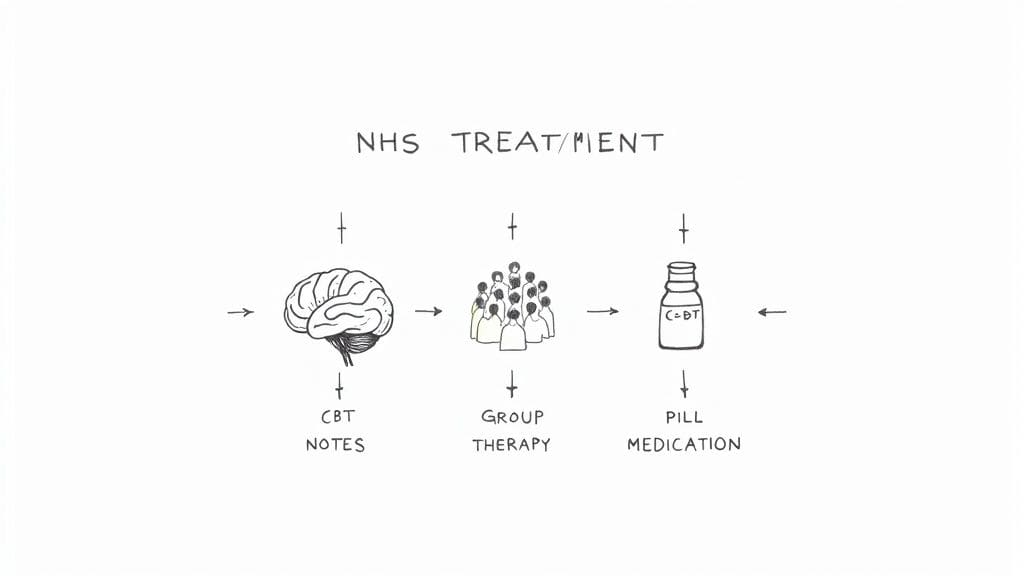 NHS treatment pathway showing CBT therapy notes, group therapy session, and SSRI medication options for social anxiety treatment