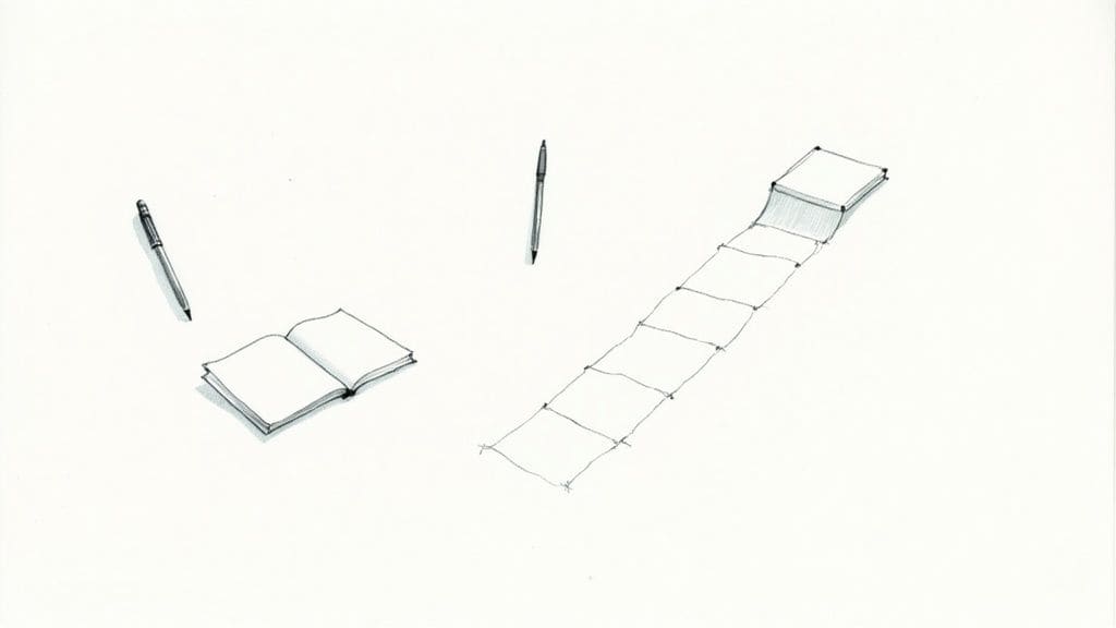 Open journal notebook with pen and folded paper ladder sketch representing mental health progress and step-by-step recovery journey